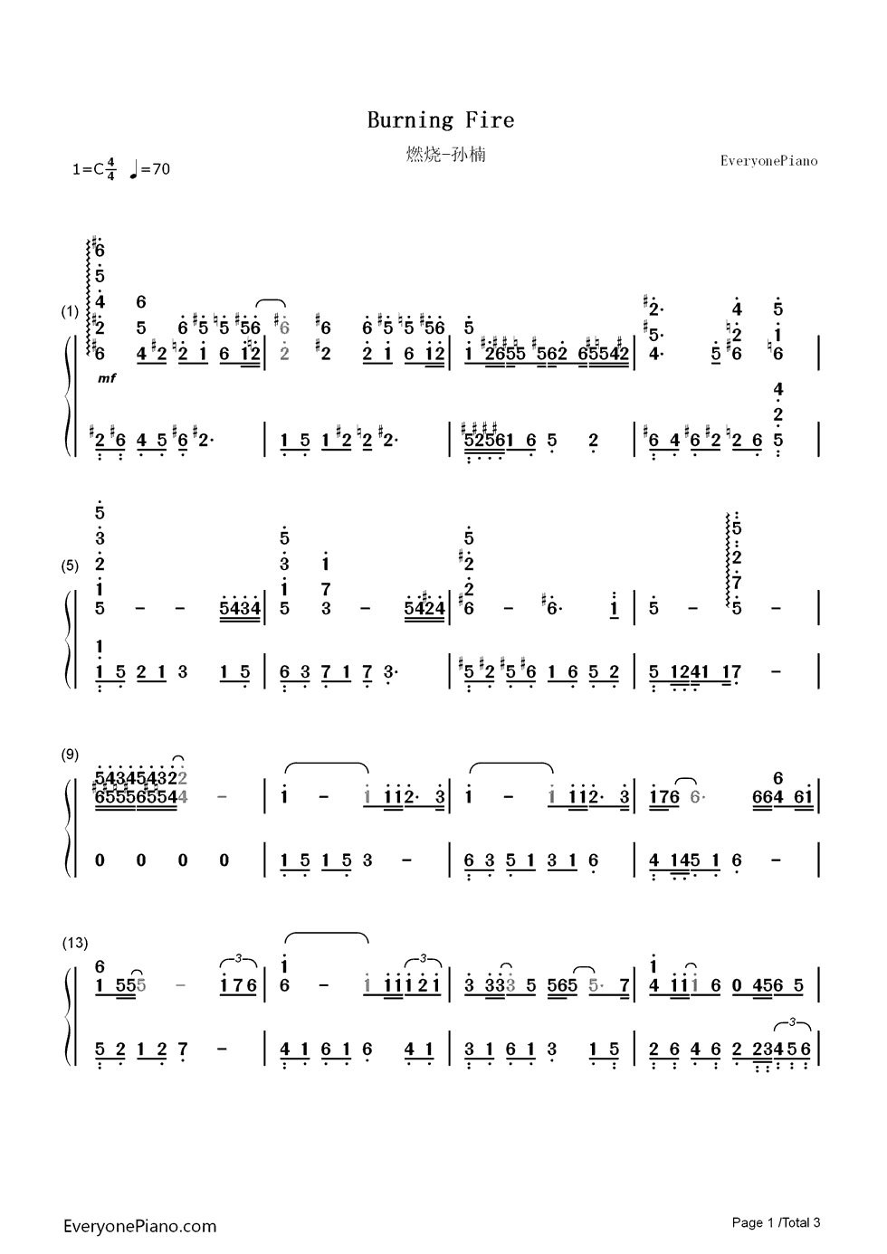 燃烧钢琴简谱_孙楠演唱