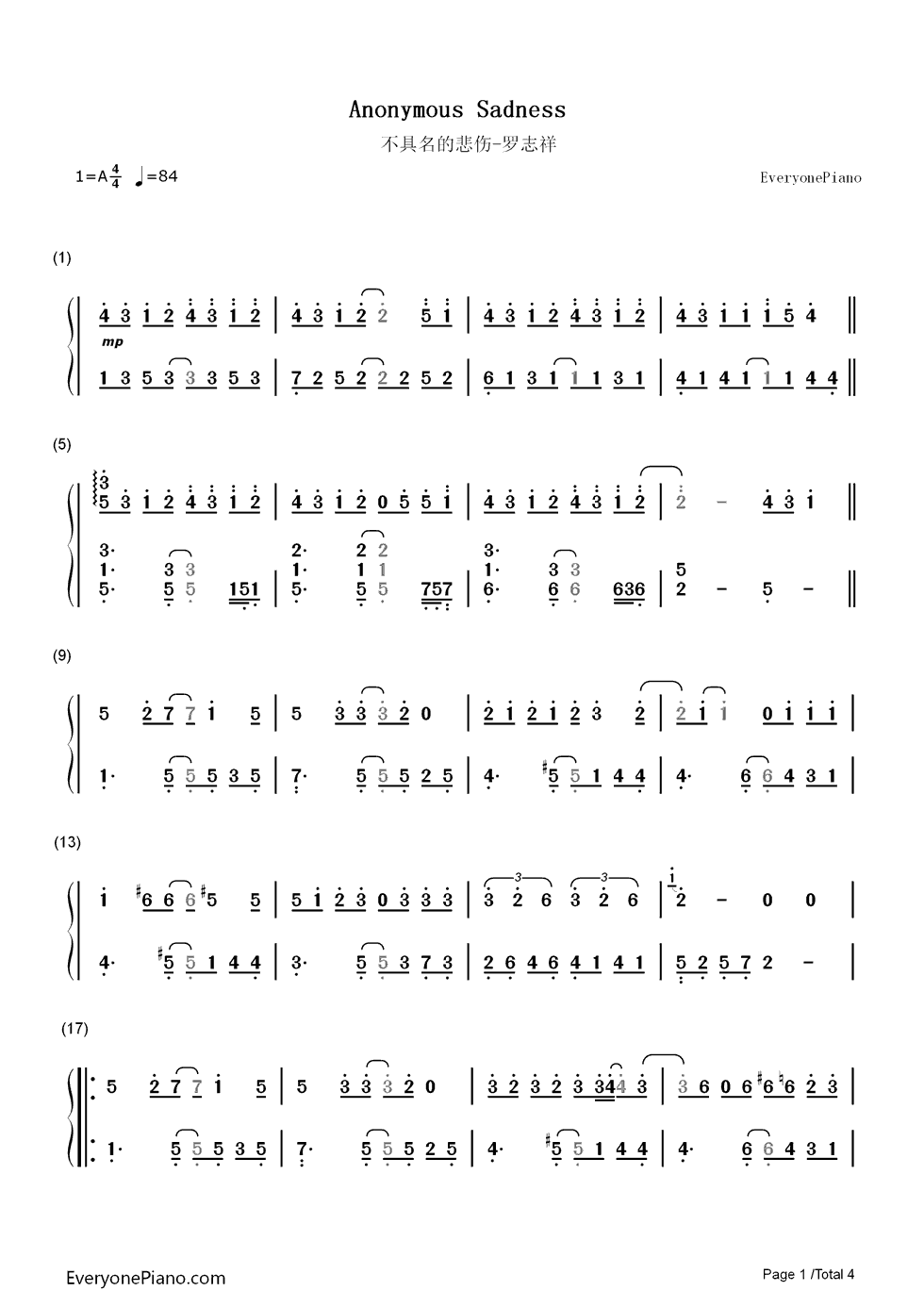 不具名的悲伤钢琴简谱_罗志祥演唱