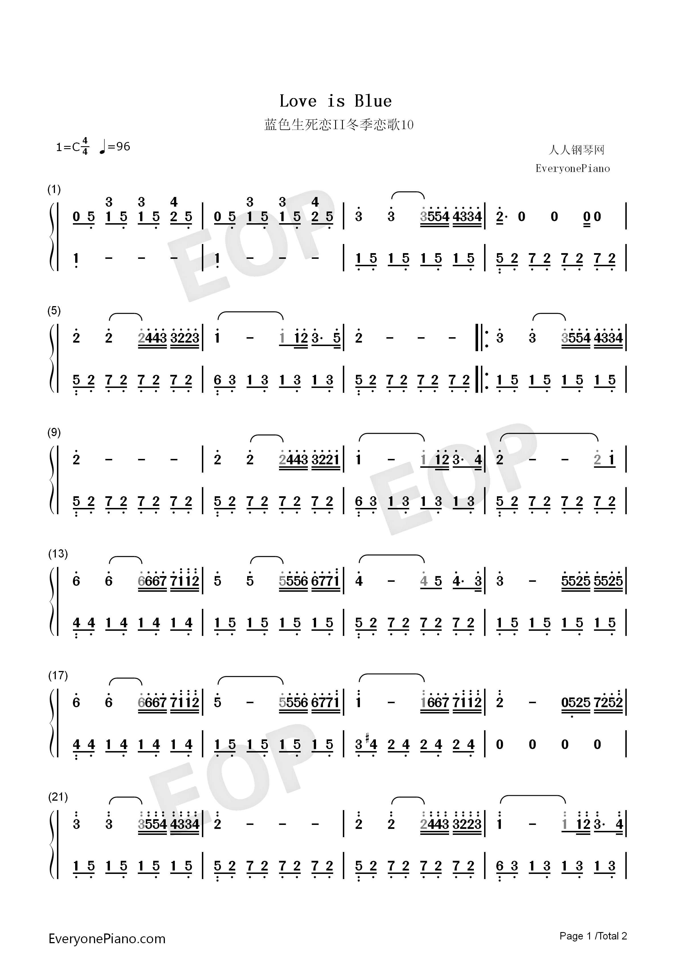 Love_is_blue钢琴简谱_未知演唱