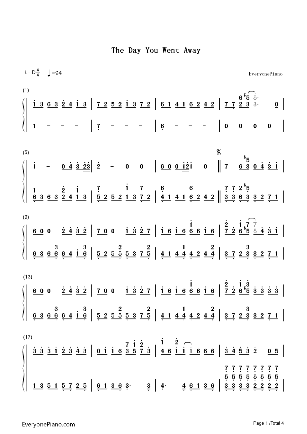 The_Day_You_Went_Away钢琴简谱_M2M演唱