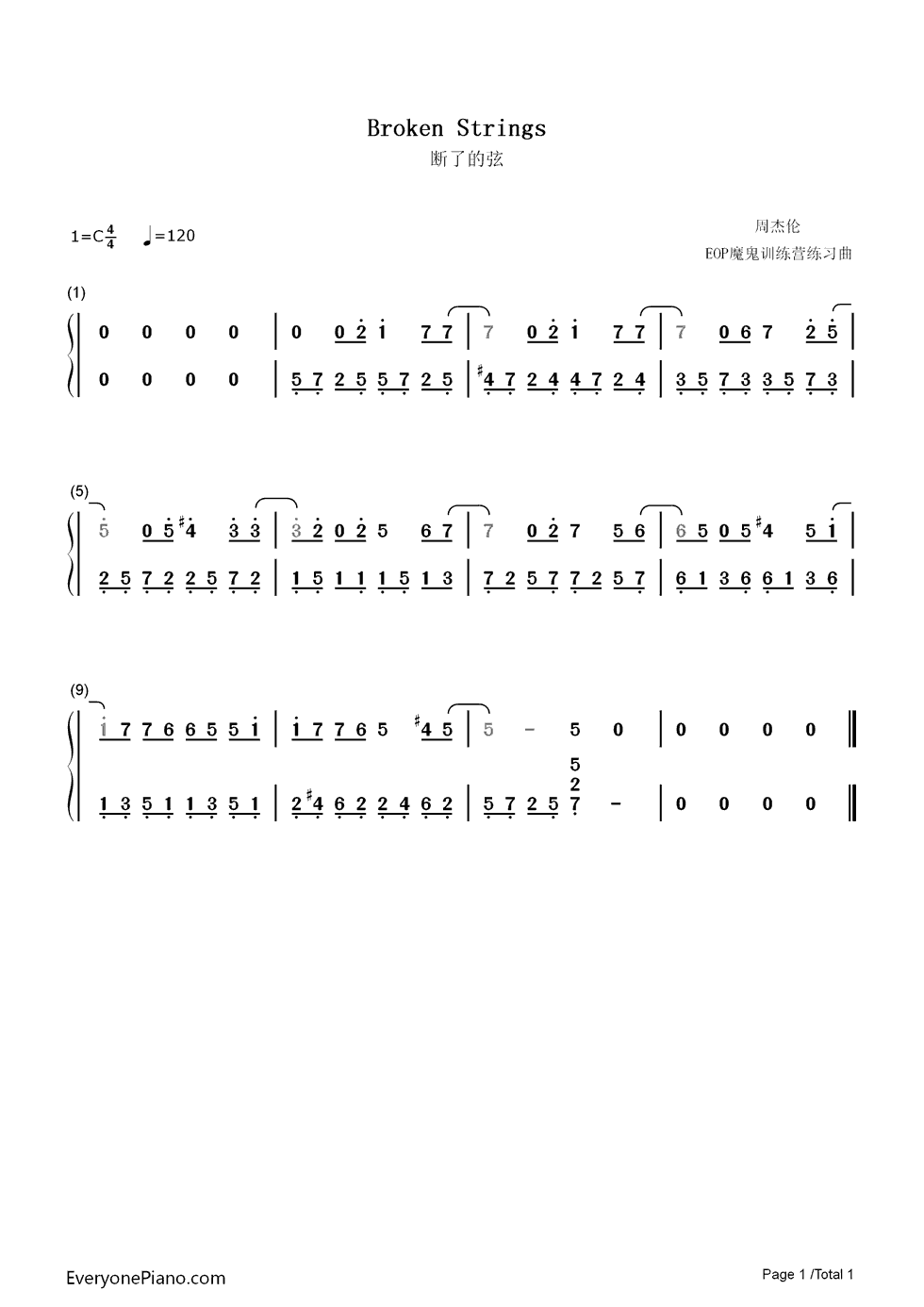 断了的弦超简单版钢琴简谱_周杰伦演唱