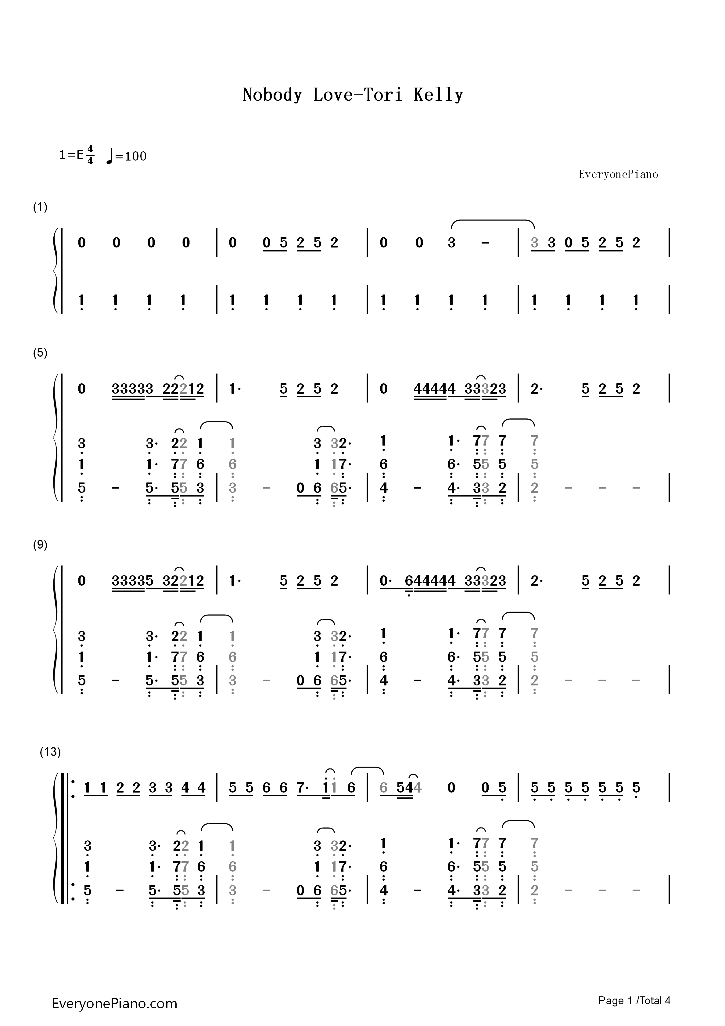 Nobody_Love钢琴简谱_Tori_Kelly演唱