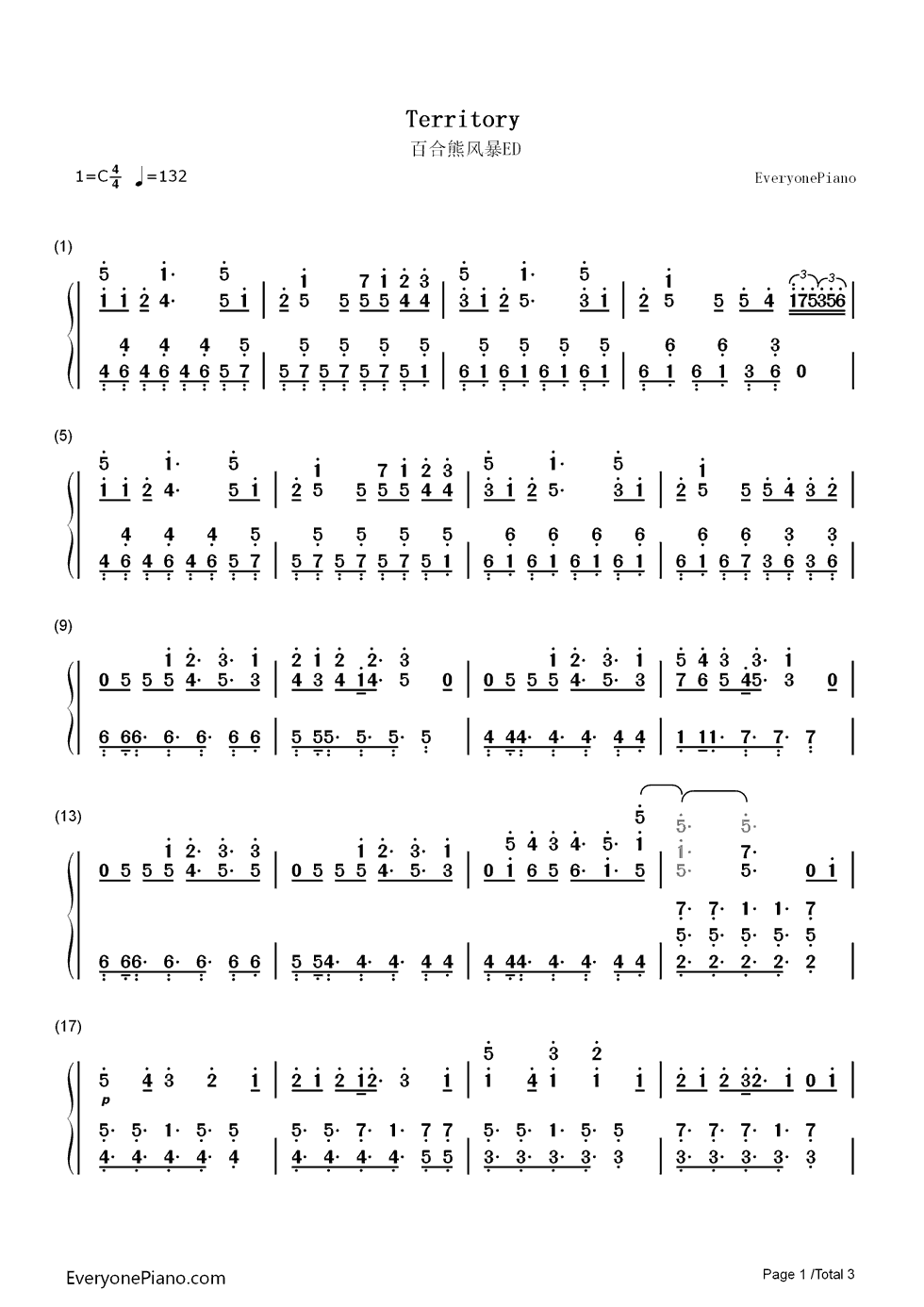 Territory钢琴简谱_荒川美穂&生田善子&山根希美演唱