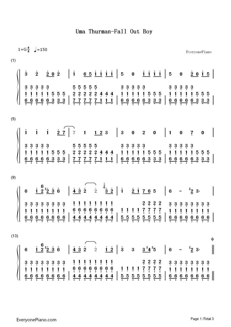 Uma_Thurman钢琴简谱_Fall_Out_Boy演唱