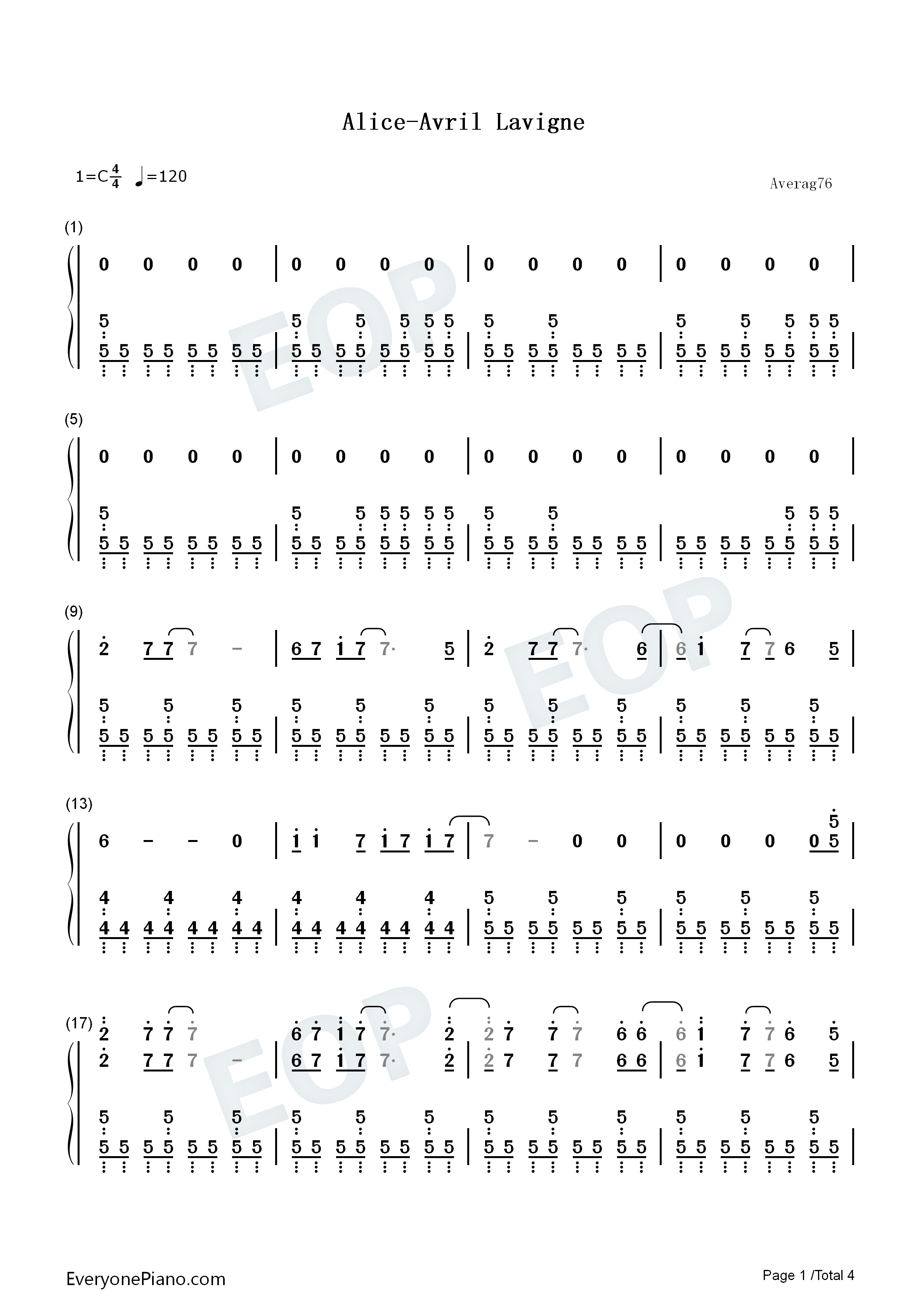 Alice钢琴简谱_Avril_Lavigne演唱