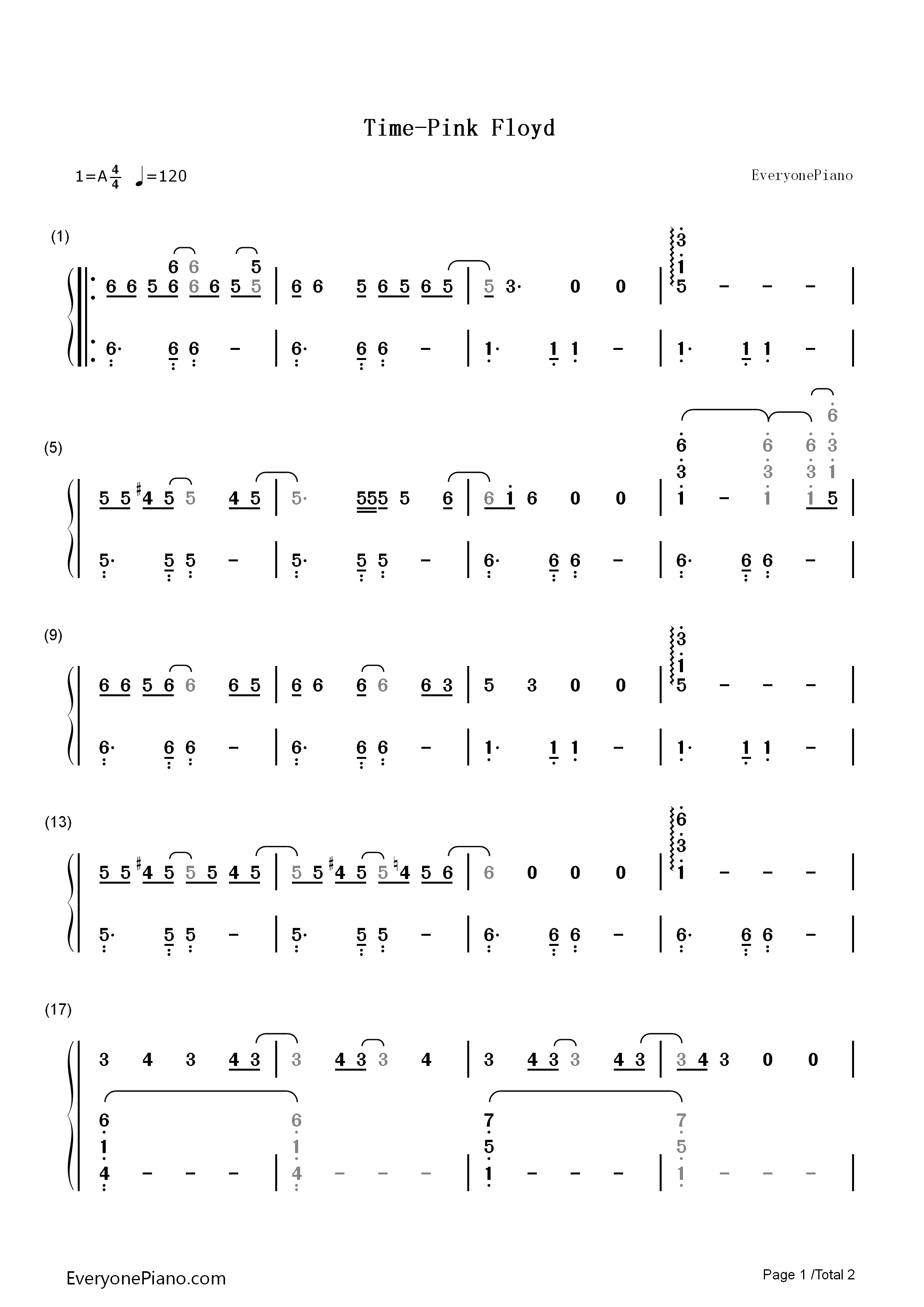 Time钢琴简谱_Pink_Floyd演唱