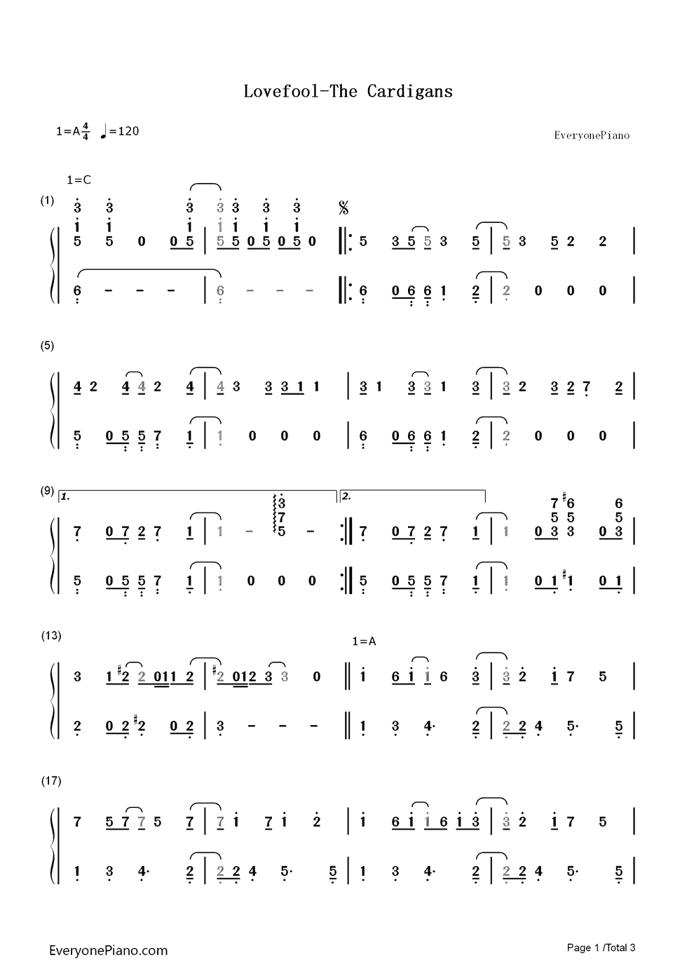 Lovefool钢琴简谱_The_Cardigans演唱