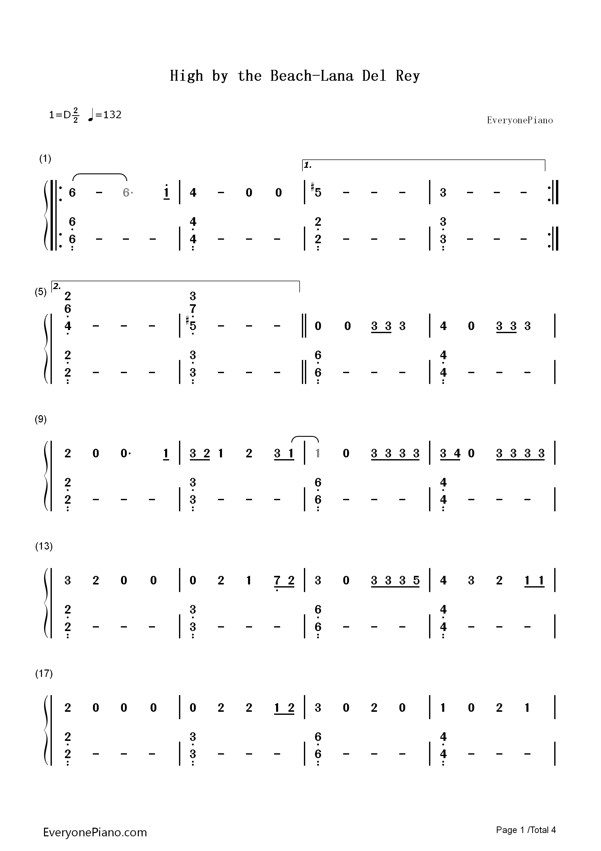 High_by_the_Beach钢琴简谱_Lana_Del_Rey演唱