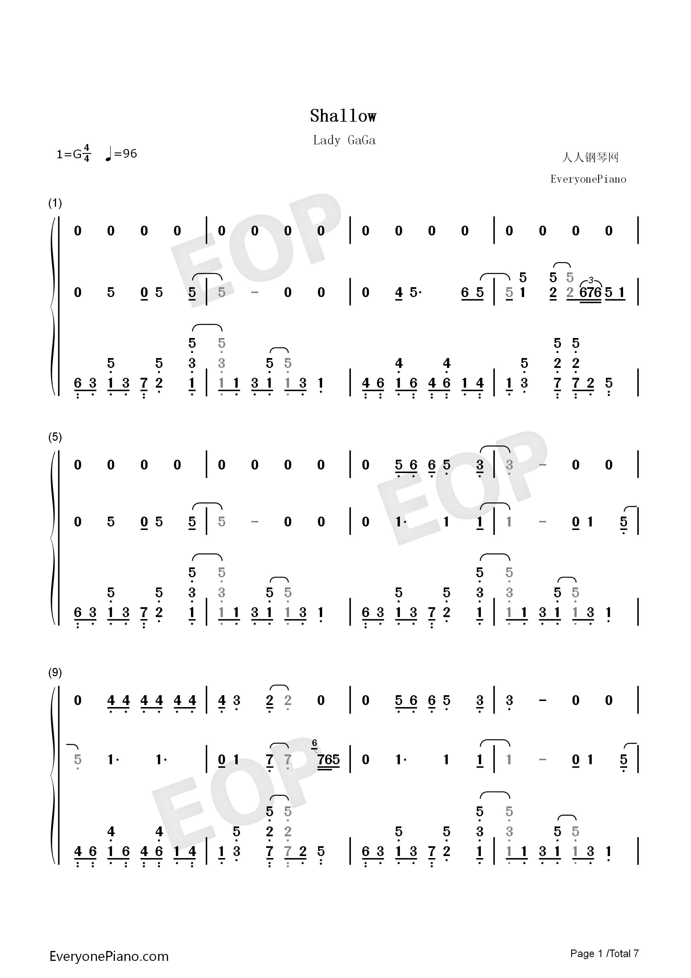 Shallow钢琴简谱_Lady_Gaga_Bradley_Cooper演唱