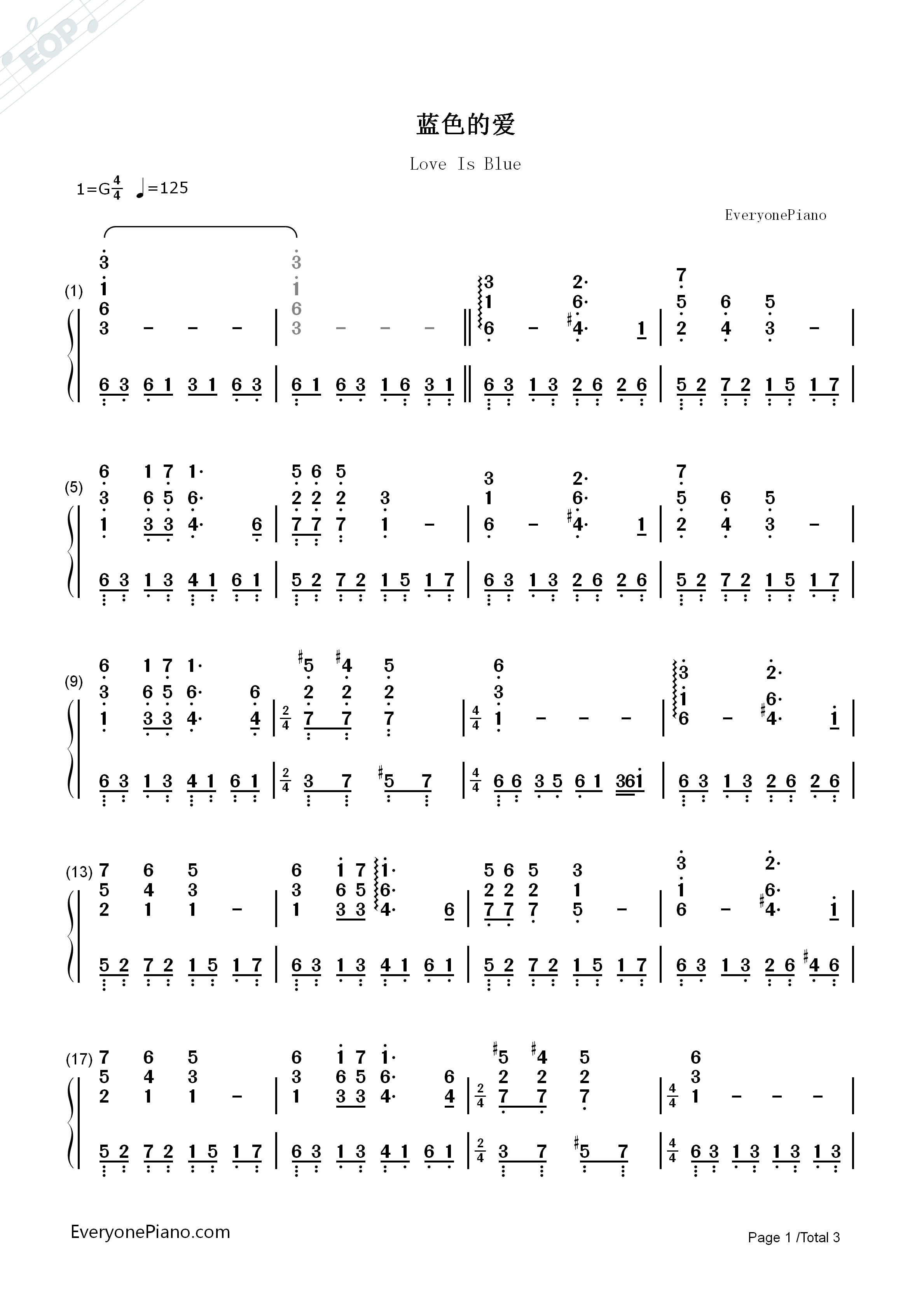 蓝色的爱钢琴简谱_理查德·克莱德曼__Richard_Clayderman演唱
