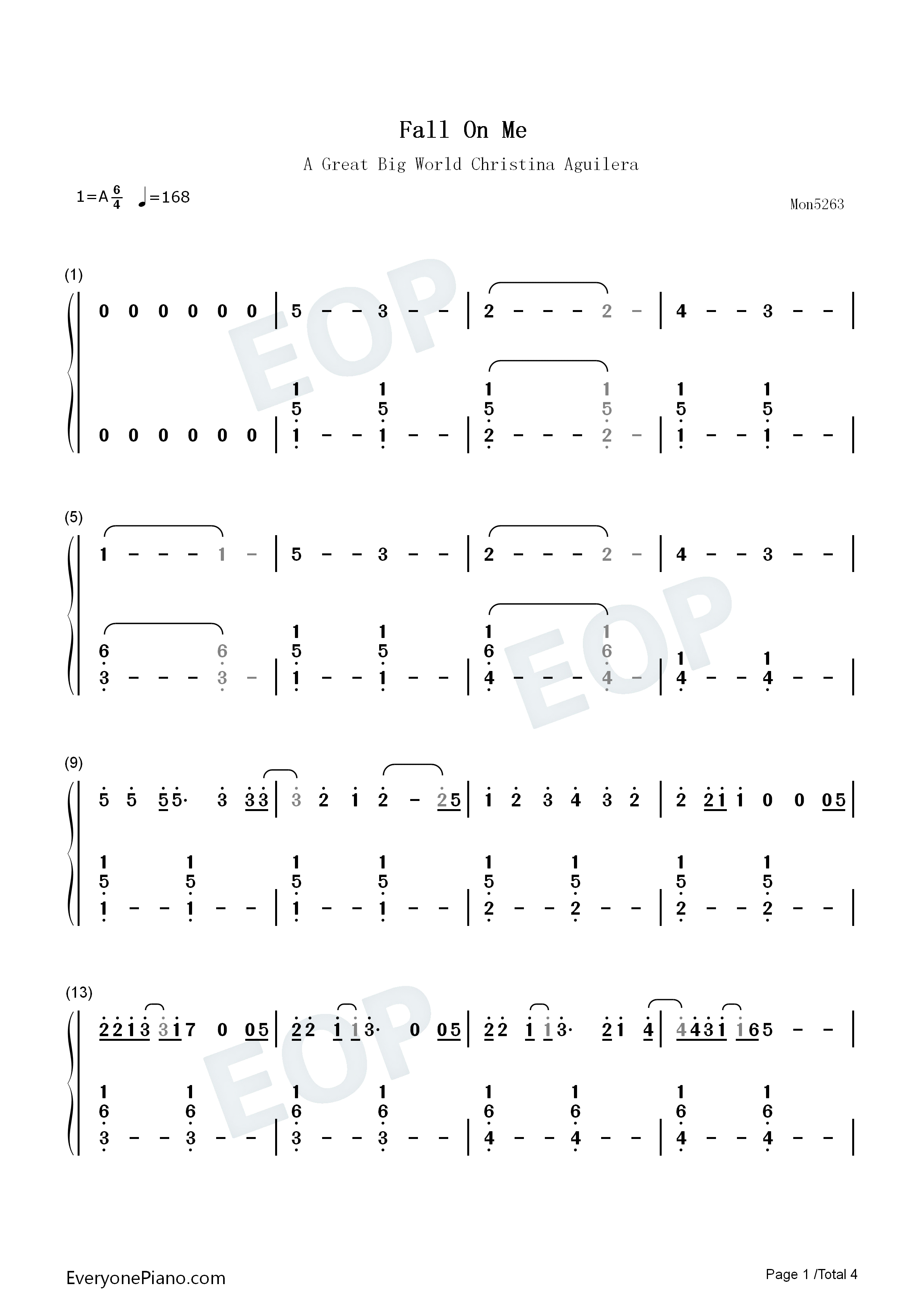 Fall_On_Me钢琴简谱_A_Great_Big_World_Christina_Aguilera演唱