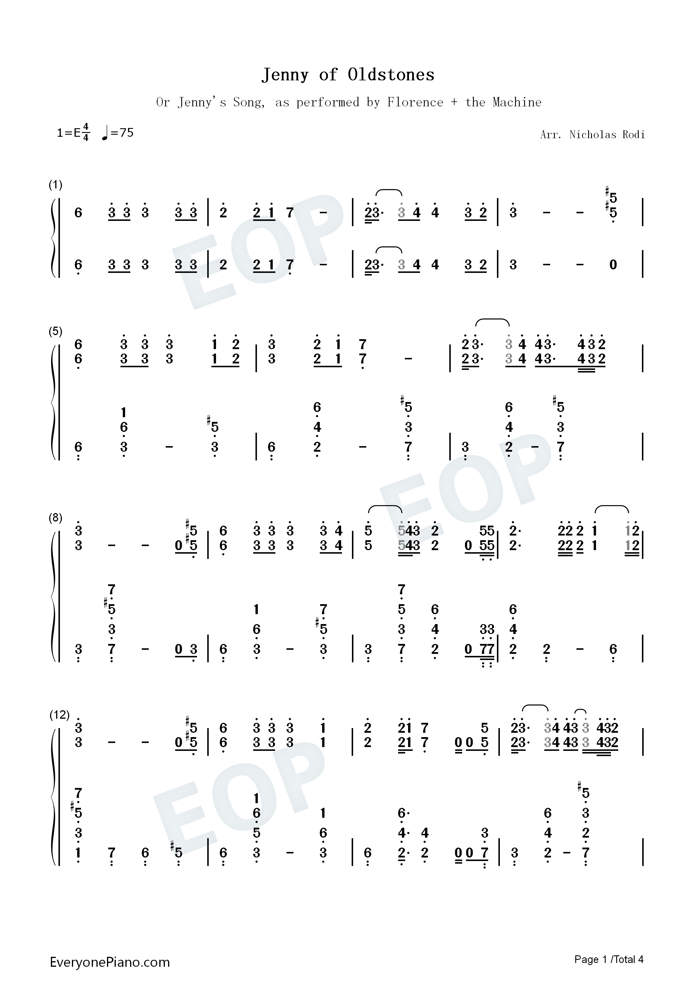 Jenny_Of_Oldstones钢琴简谱_Florence_and_the_Machine演唱