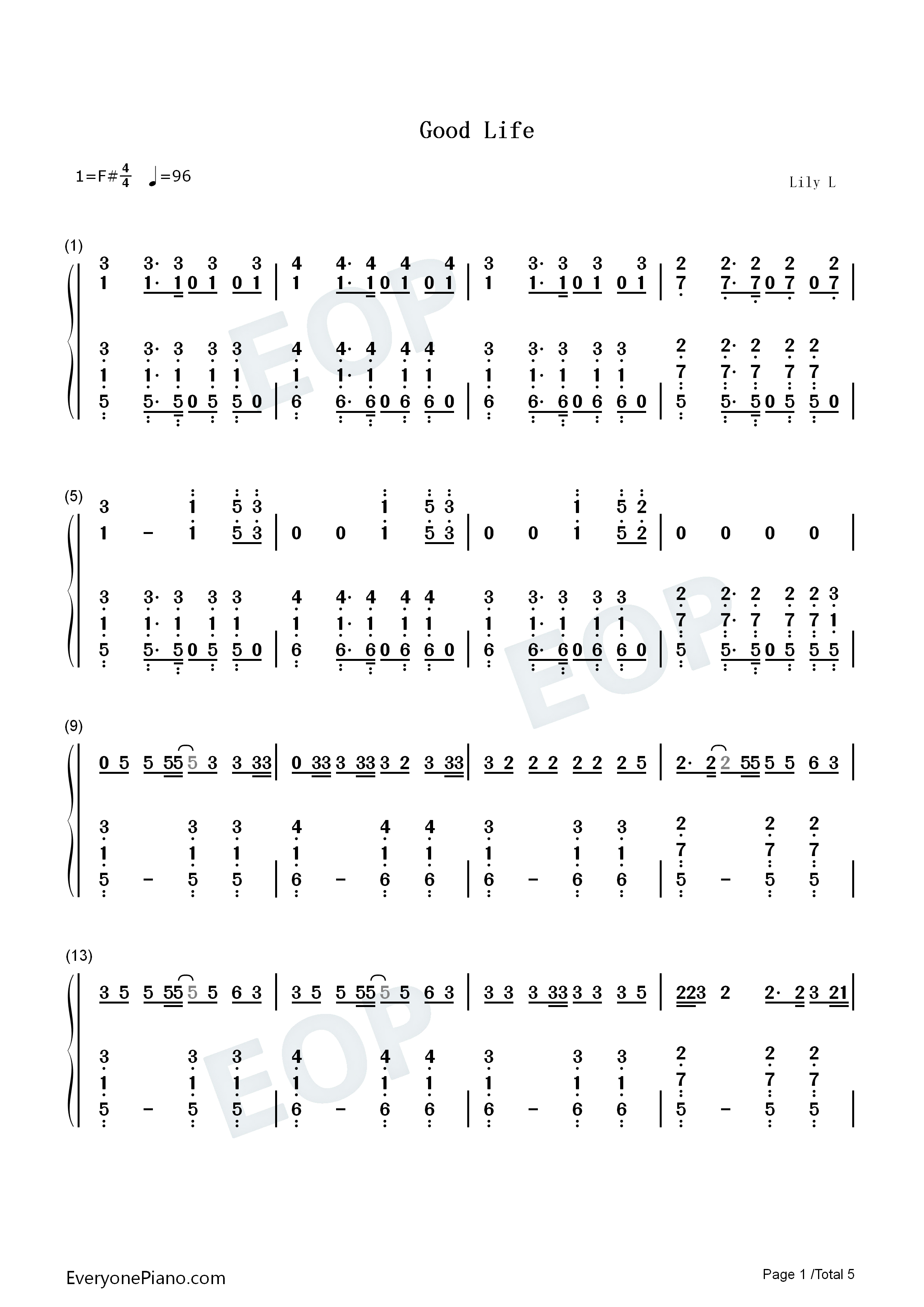 Good_Life钢琴简谱_OneRepublic演唱