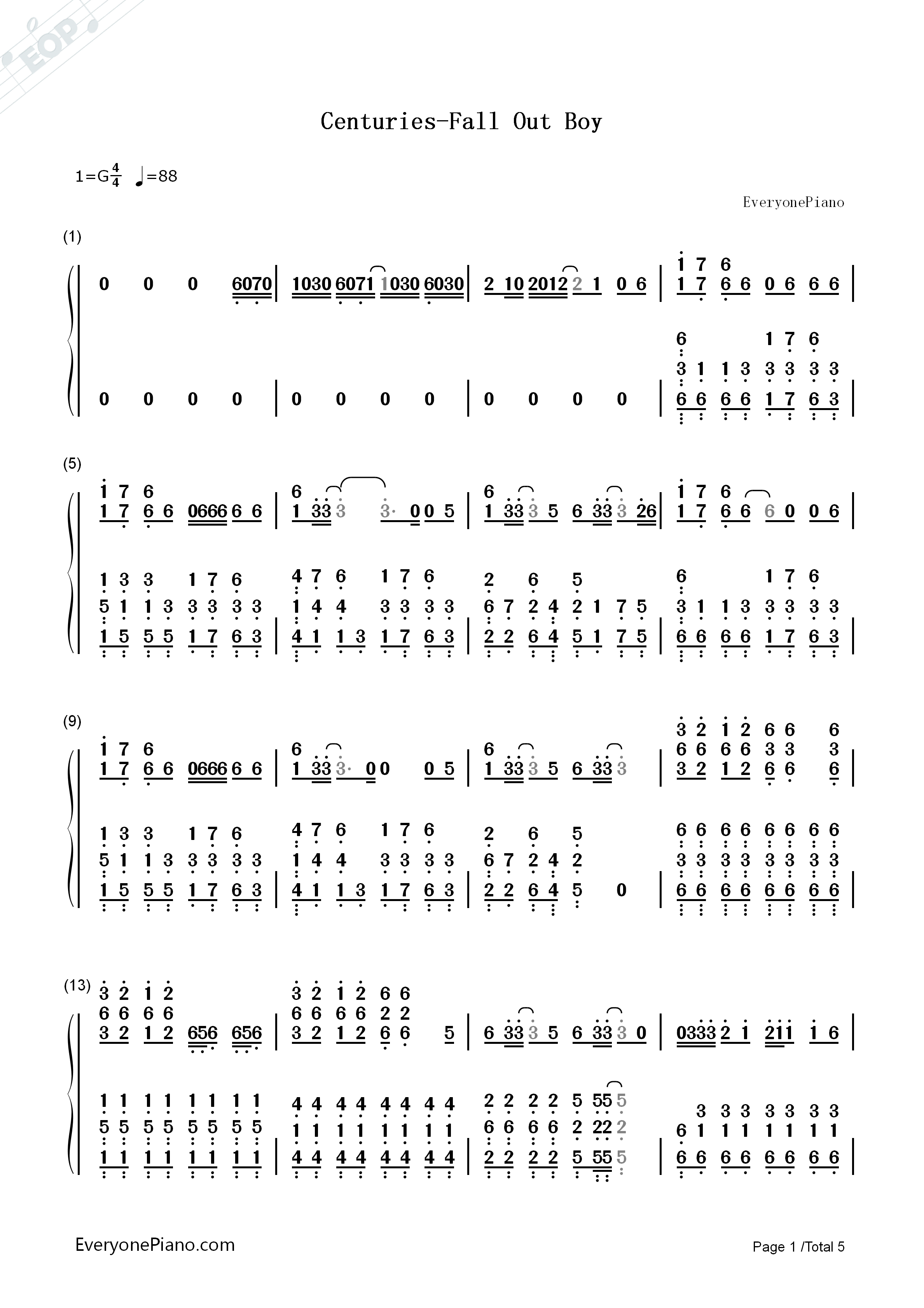Centuries钢琴简谱_Fall_Out_Boy演唱