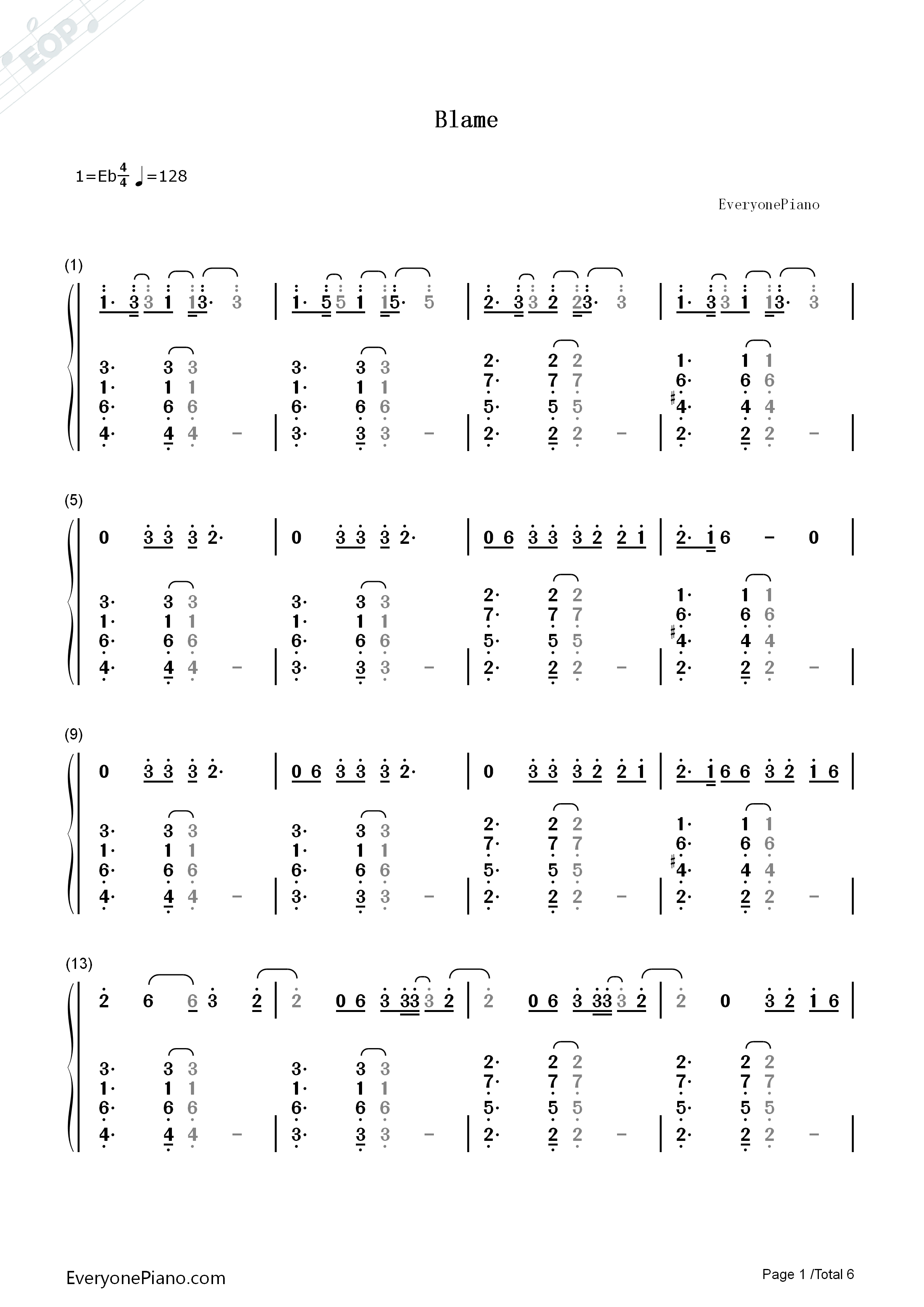 Blame钢琴简谱_Calvin_Harris_ft._John_Newman演唱