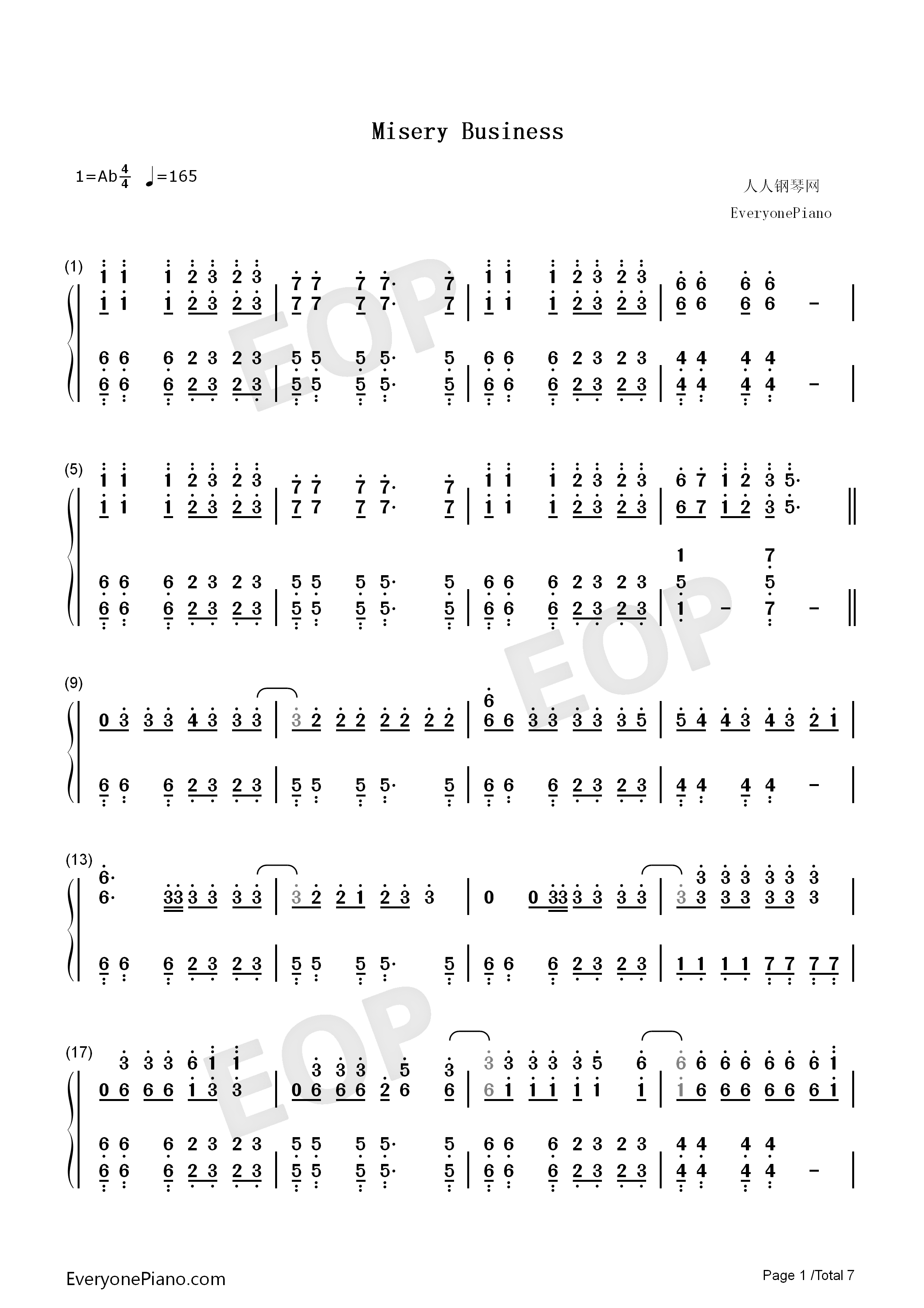 Misery_Business钢琴简谱_Paramore演唱