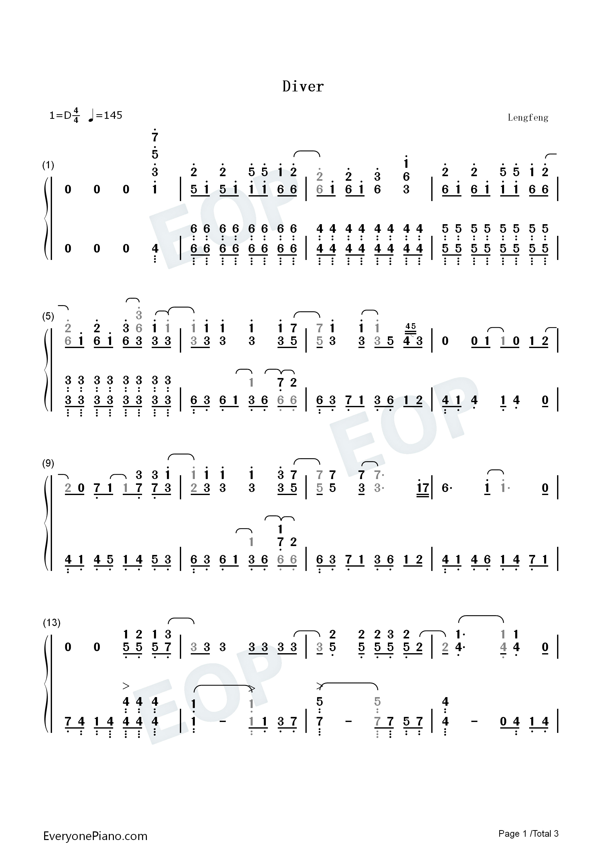 Diver钢琴简谱_NICO_Touches_the_Walls演唱