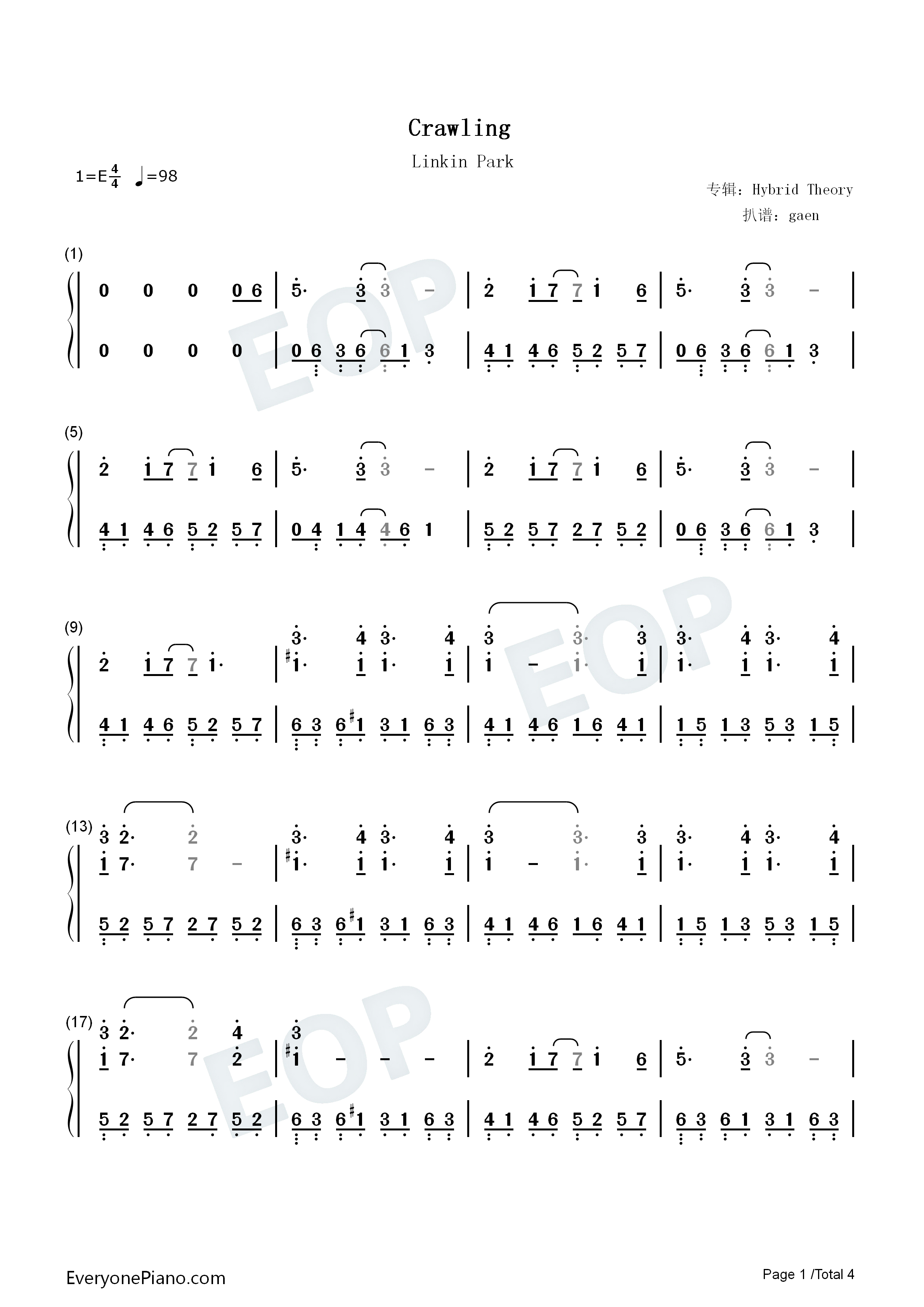 Crawling钢琴简谱_Linkin_Park演唱