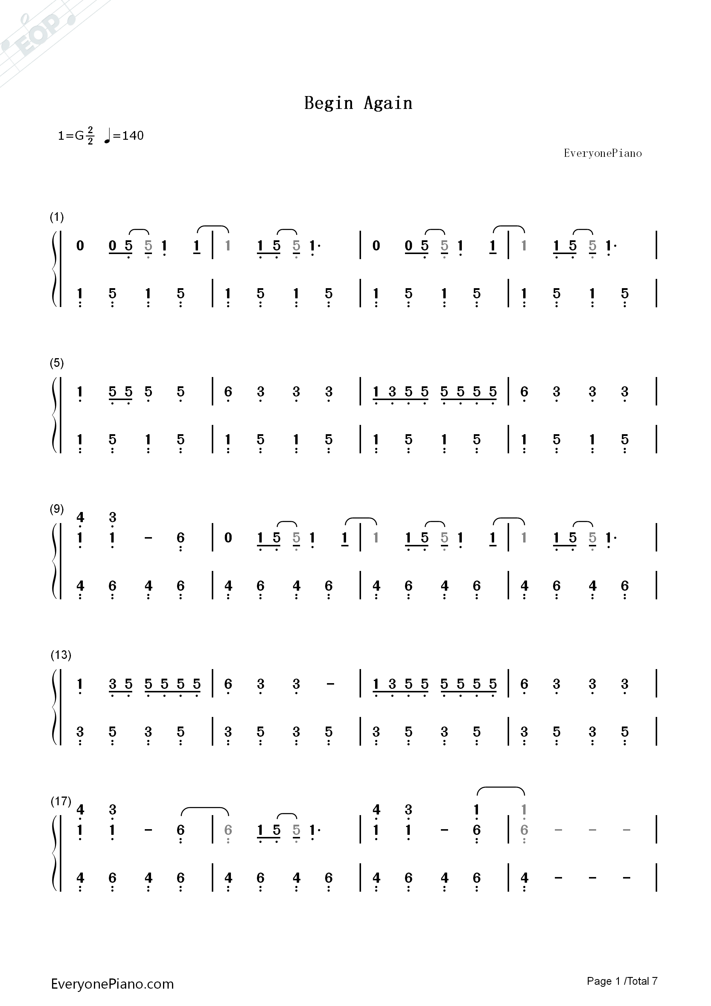 Begin_Again钢琴简谱_Taylor_Swift演唱