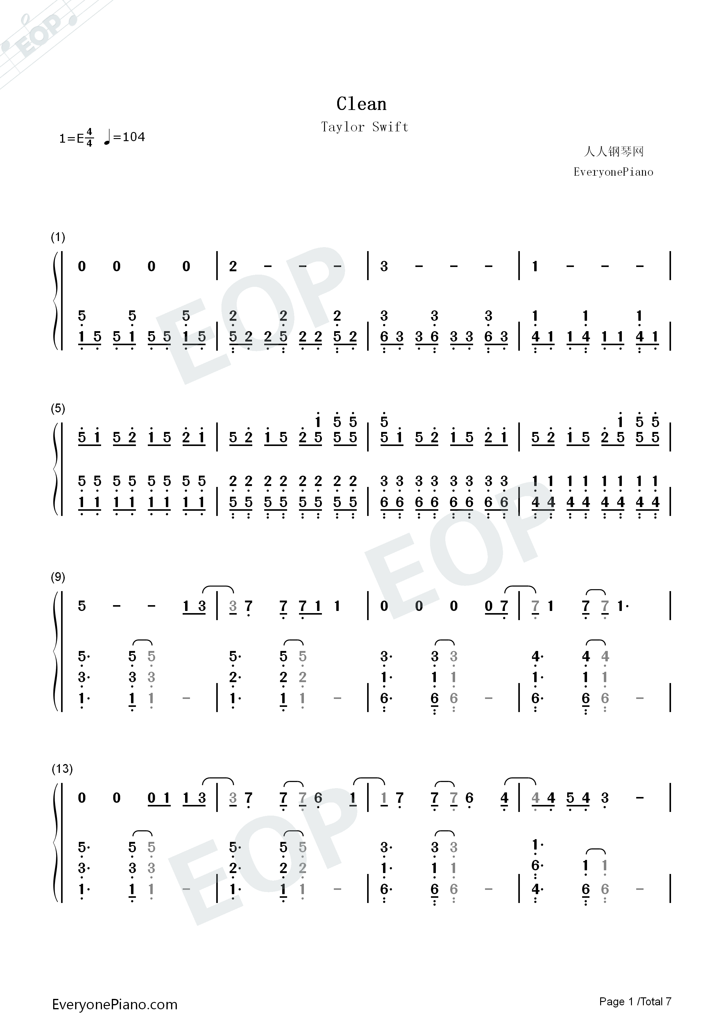 Clean钢琴简谱_Taylor_Swift演唱