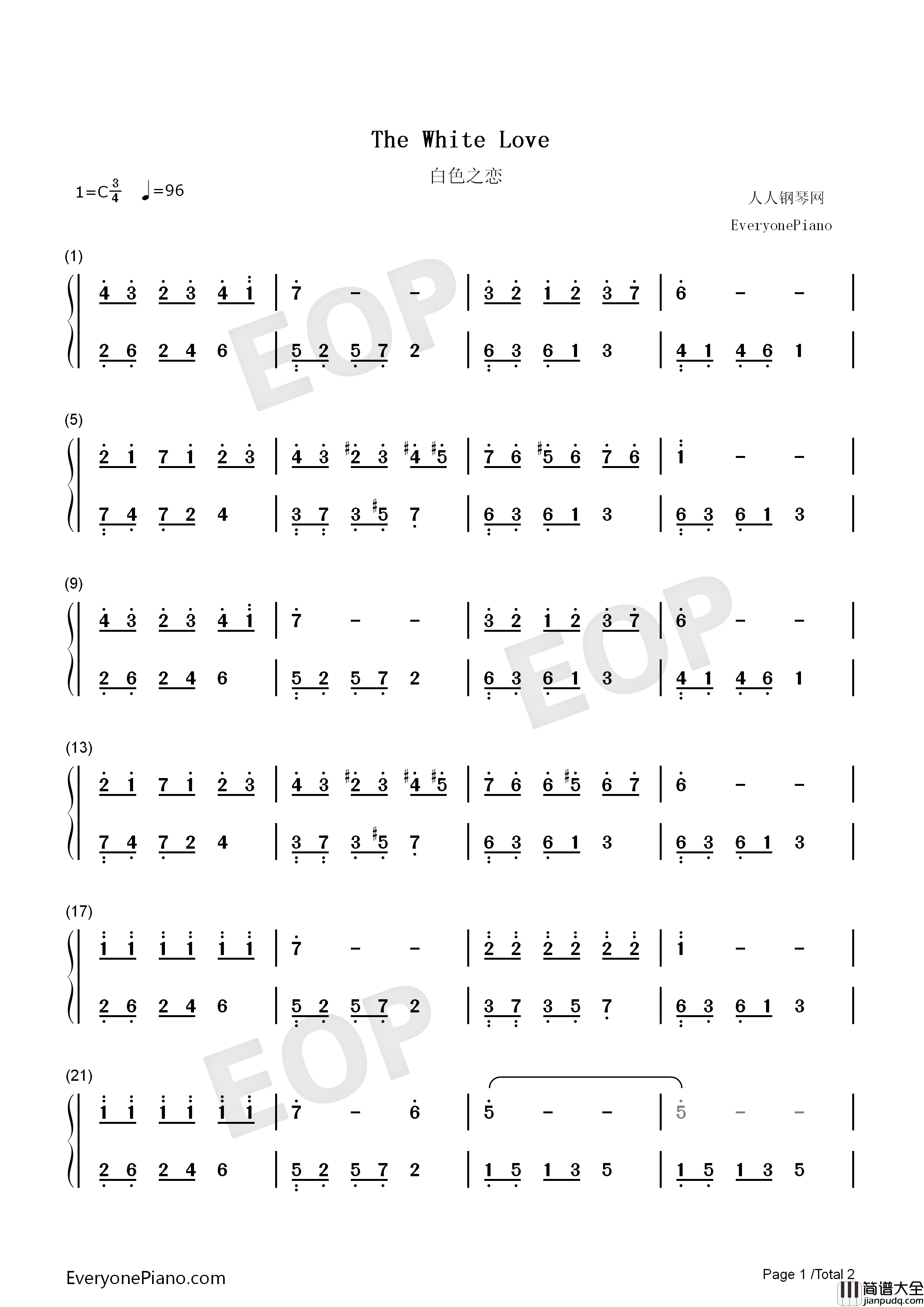 白色之恋钢琴简谱_弗朗西施演唱