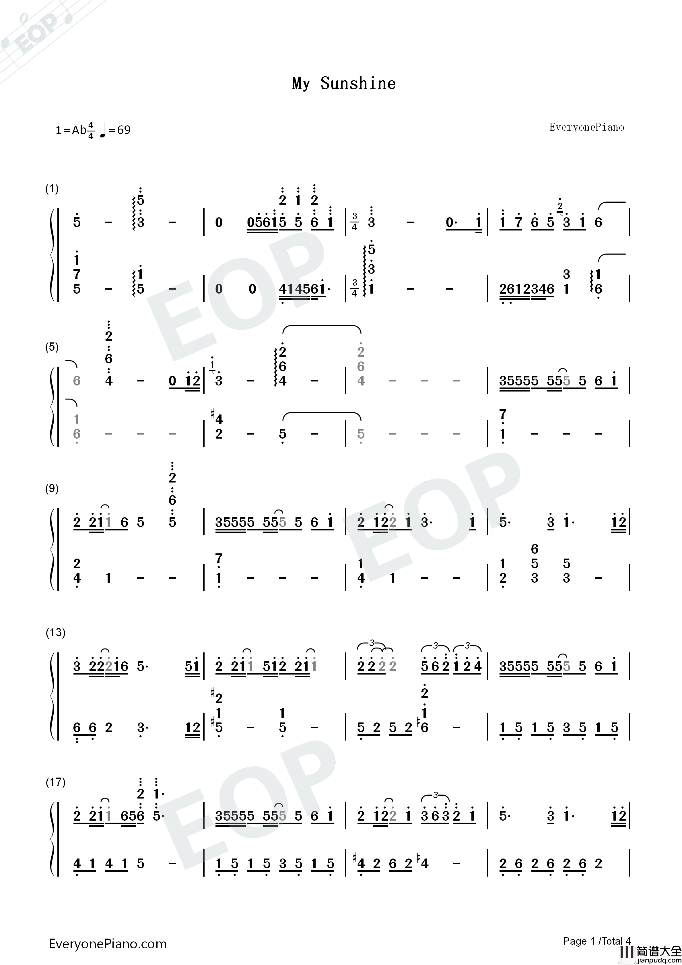 My_Sunshine钢琴简谱_张杰演唱