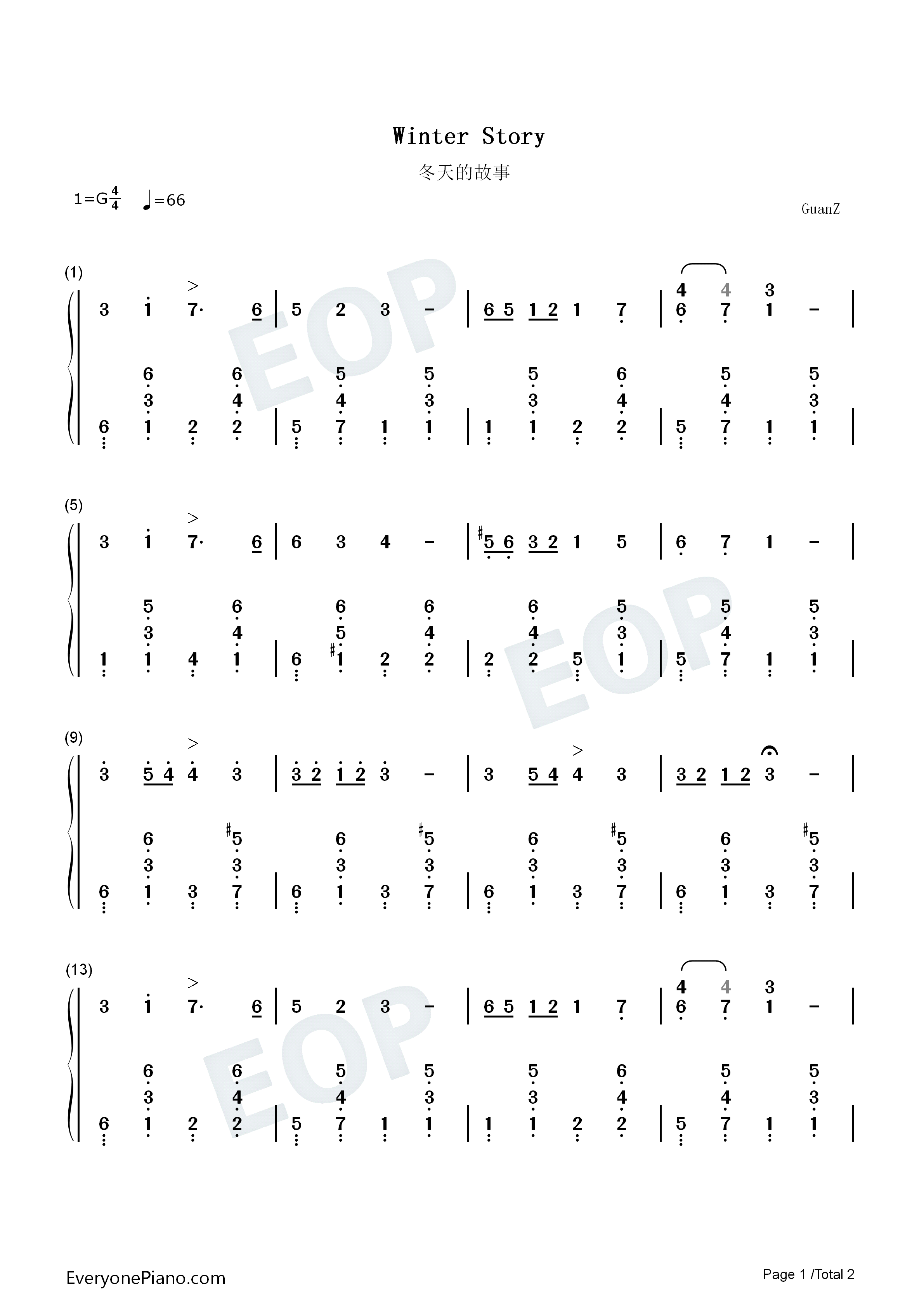 冬天的故事钢琴简谱_A.契布尔卡演唱