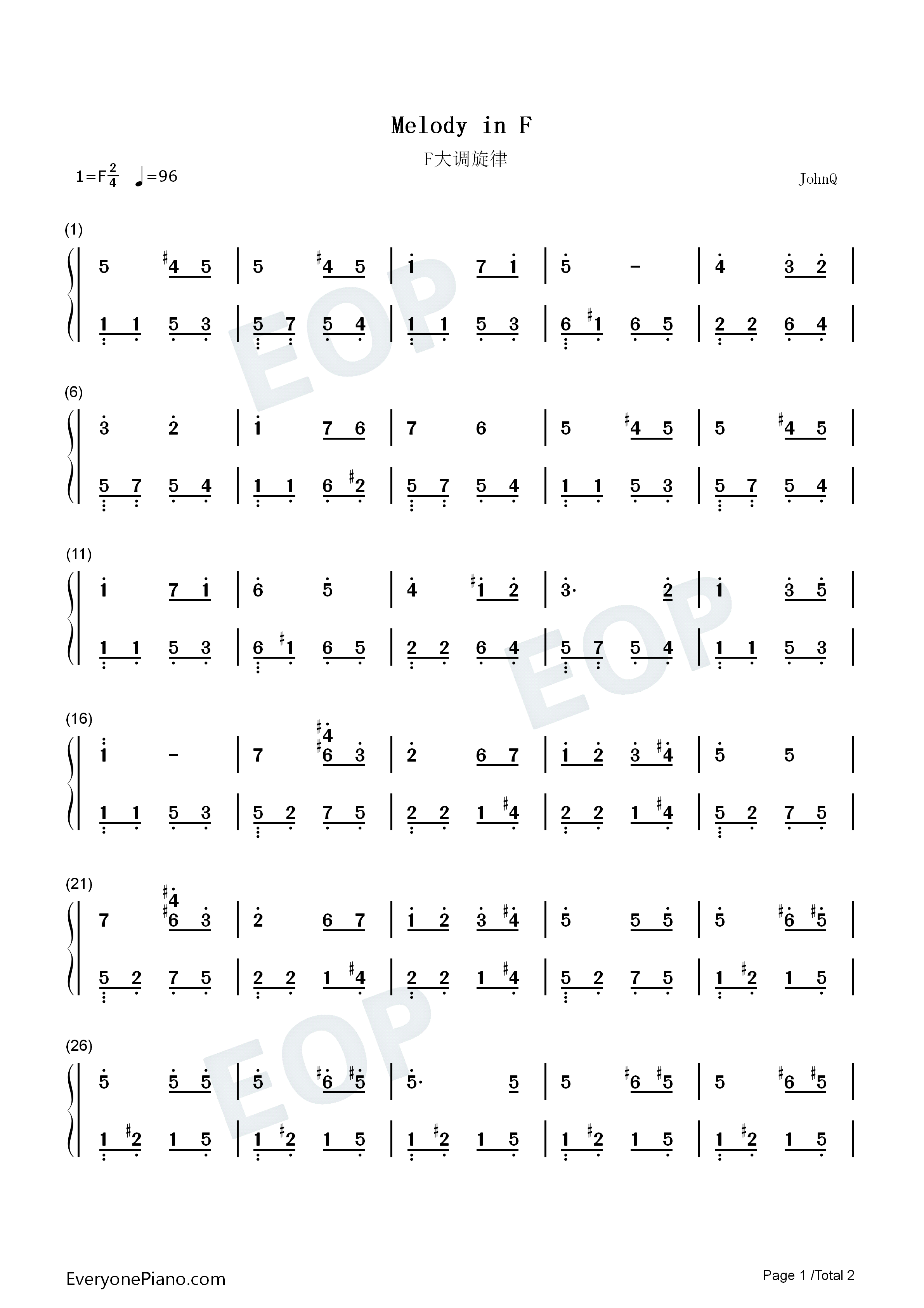 F大调旋律钢琴简谱_安东•鲁宾斯坦演唱