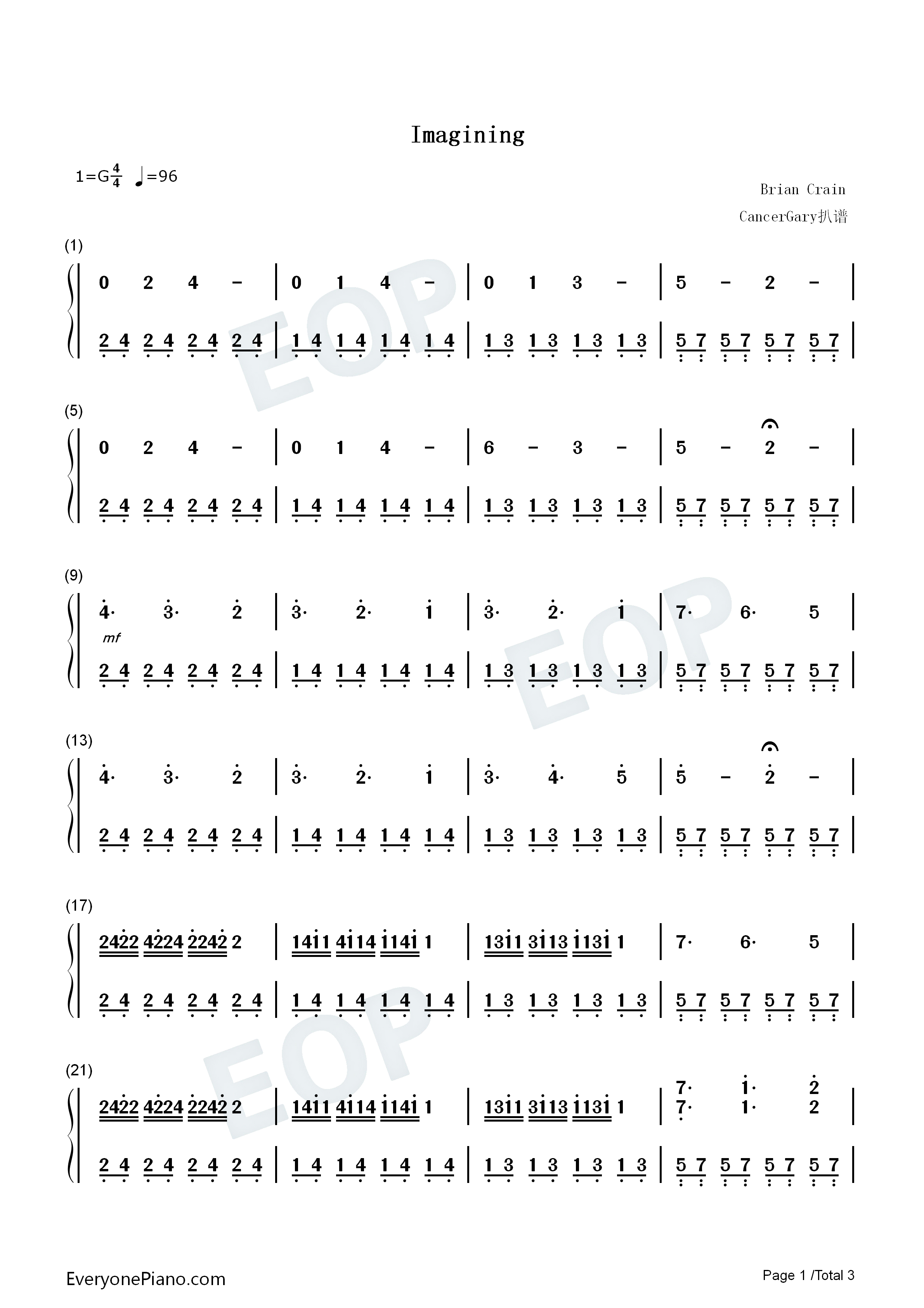 Imagining钢琴简谱_Brian_Crain演唱