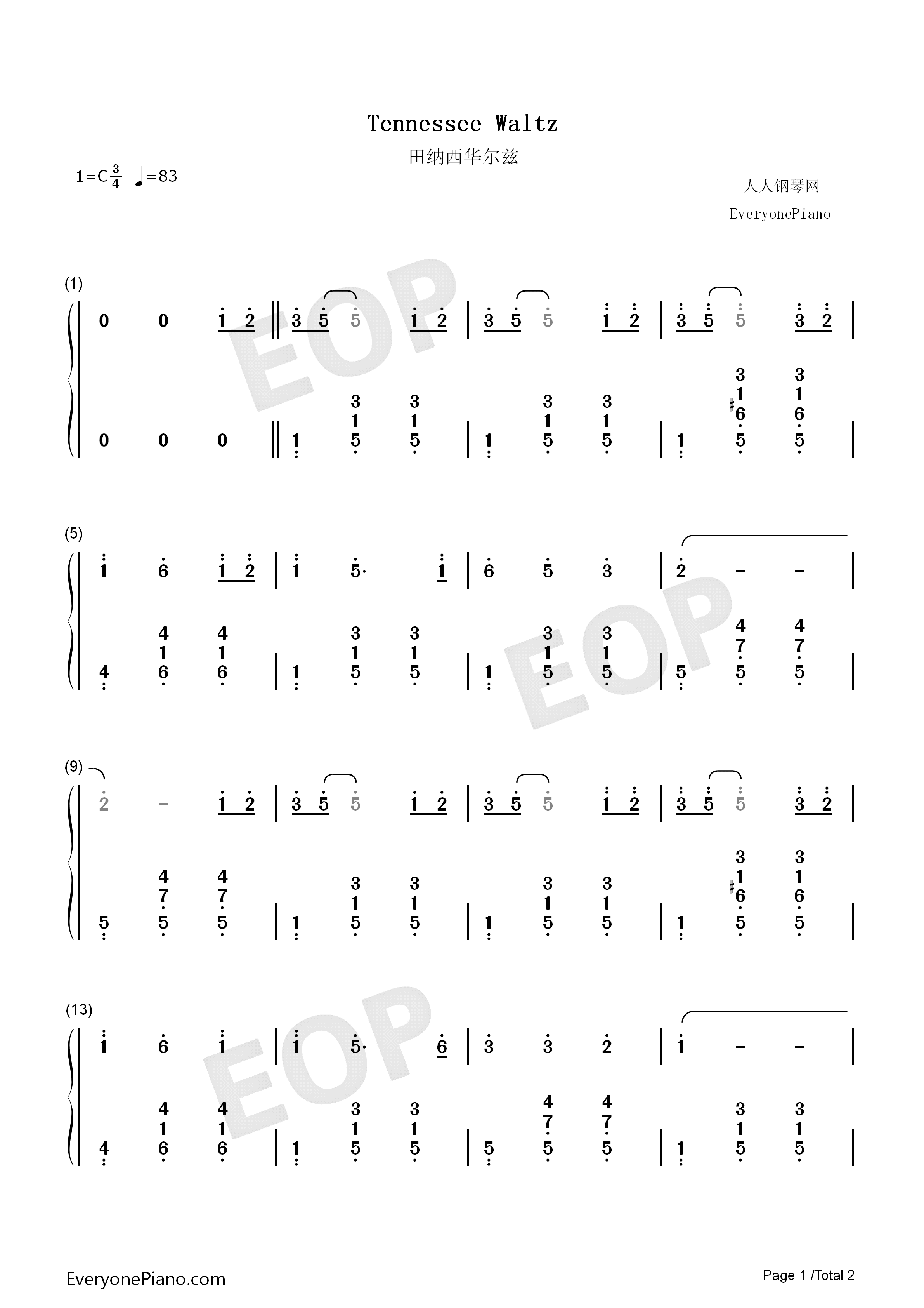 田纳西华尔兹钢琴简谱_Pee_Wee_King演唱