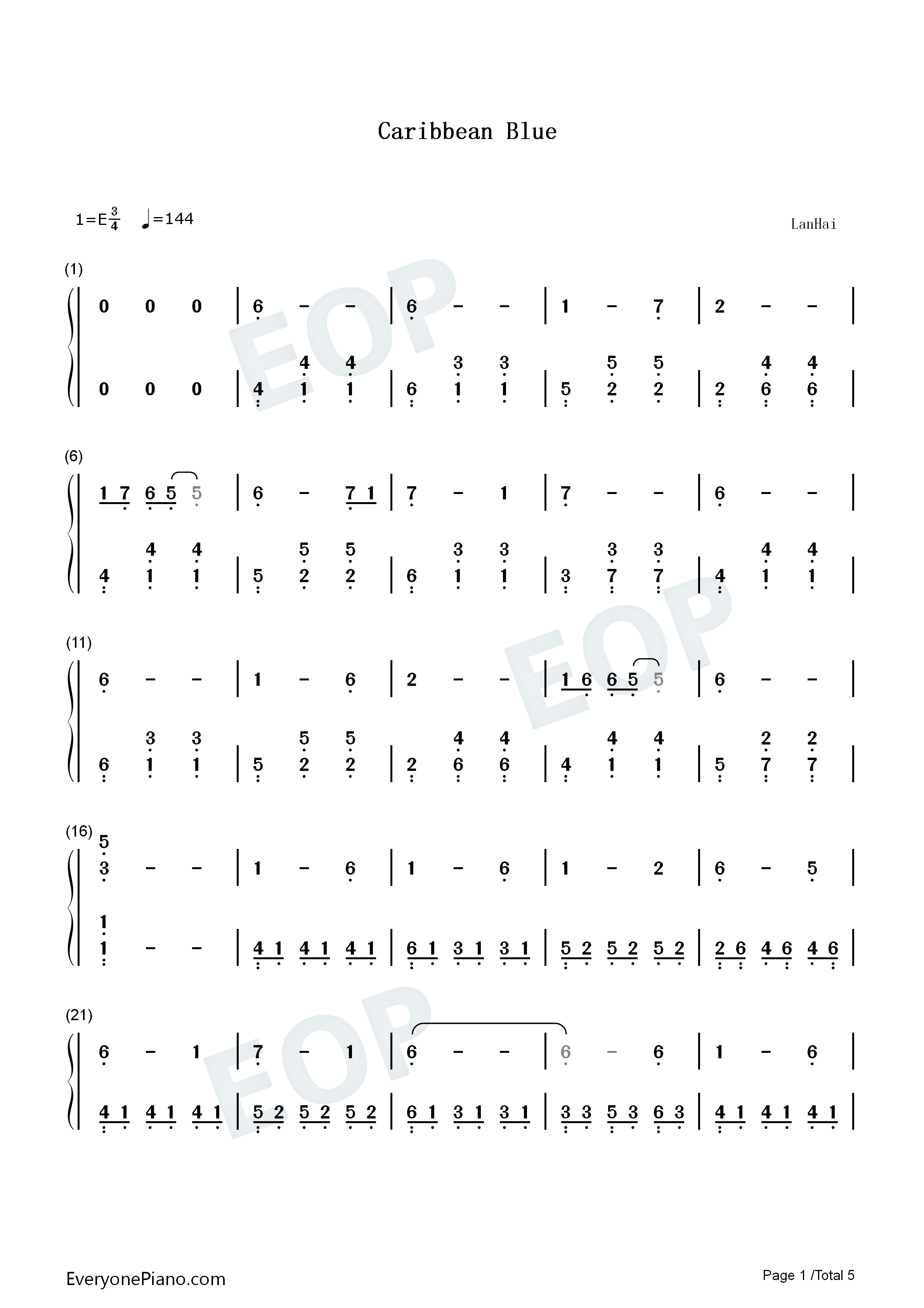 Caribbean_Blue钢琴简谱_Enya演唱