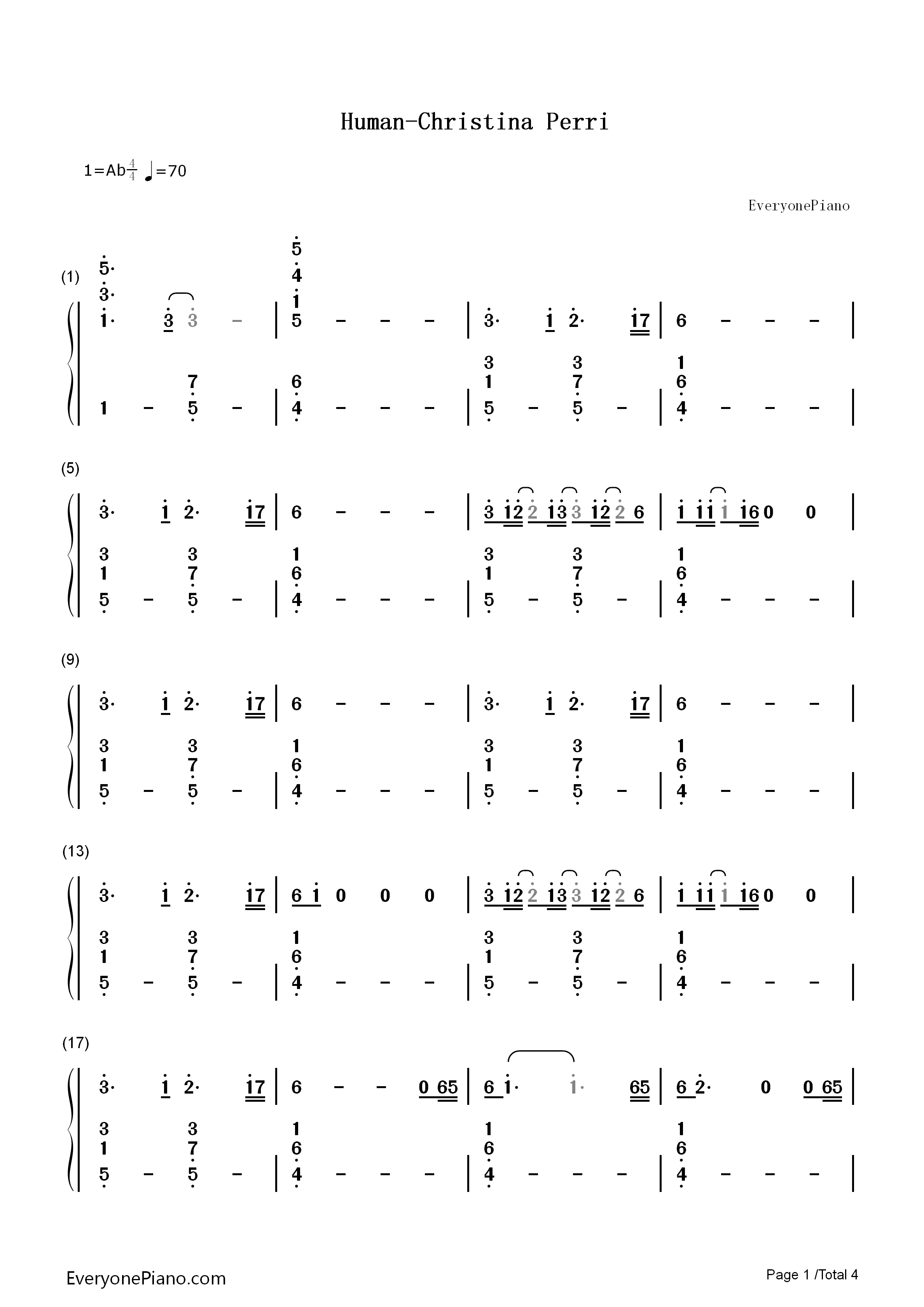 Human钢琴简谱_Christina_Perri演唱