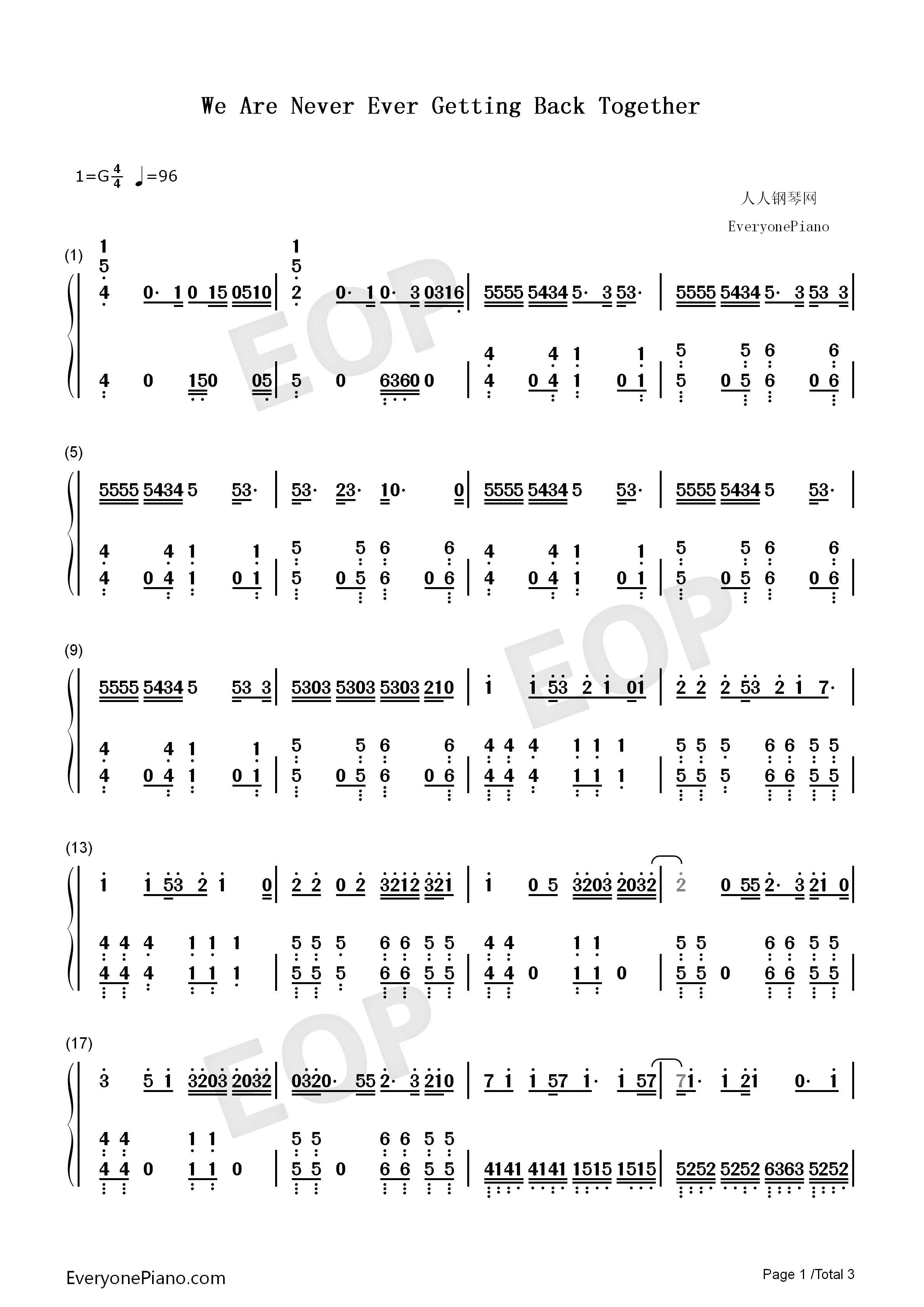 We_Are_Never_Ever_Getting_Back_Together钢琴简谱_Taylor_Swift__泰勒·斯威夫特演唱