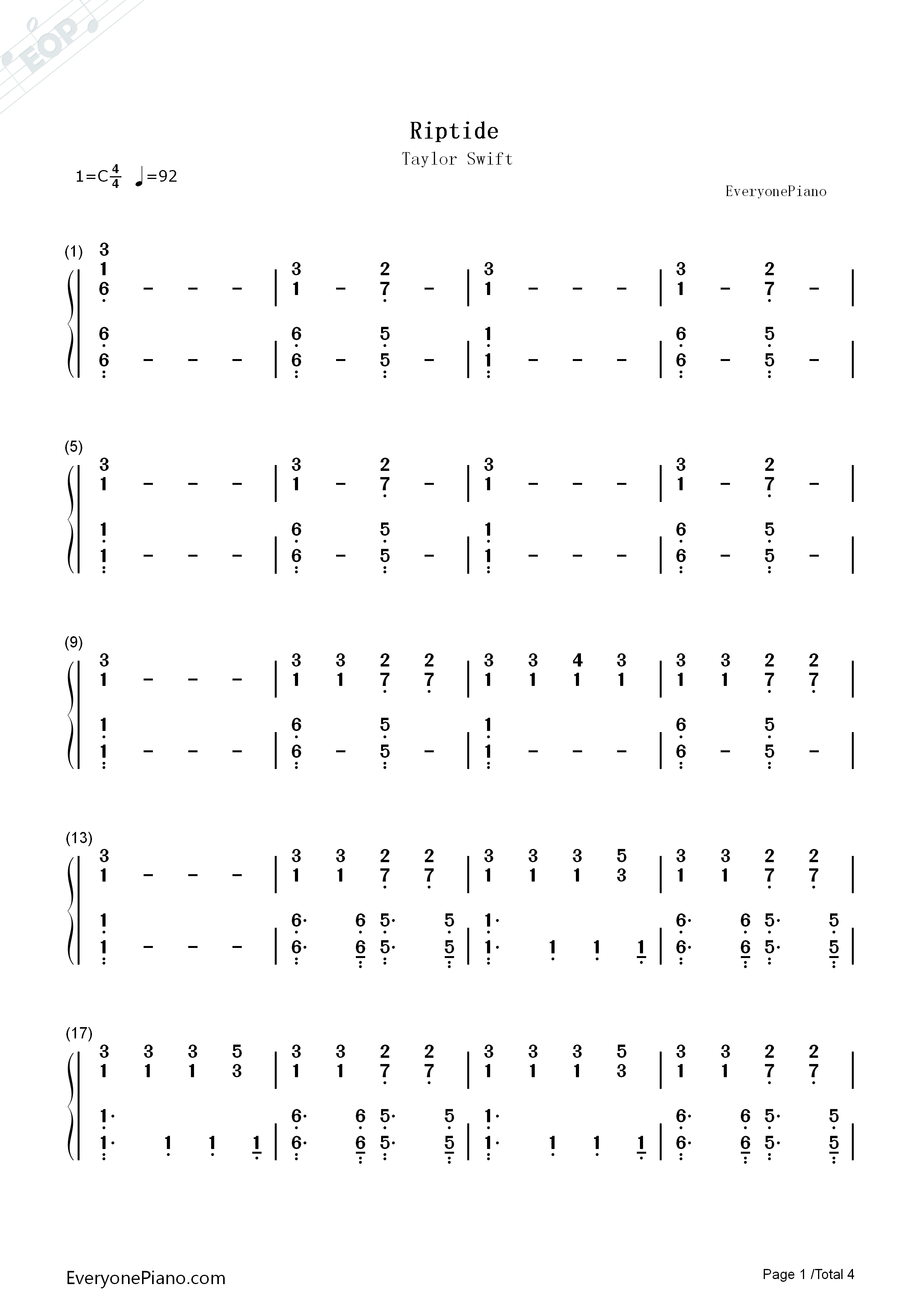 Riptide钢琴简谱_Taylor_Swift演唱