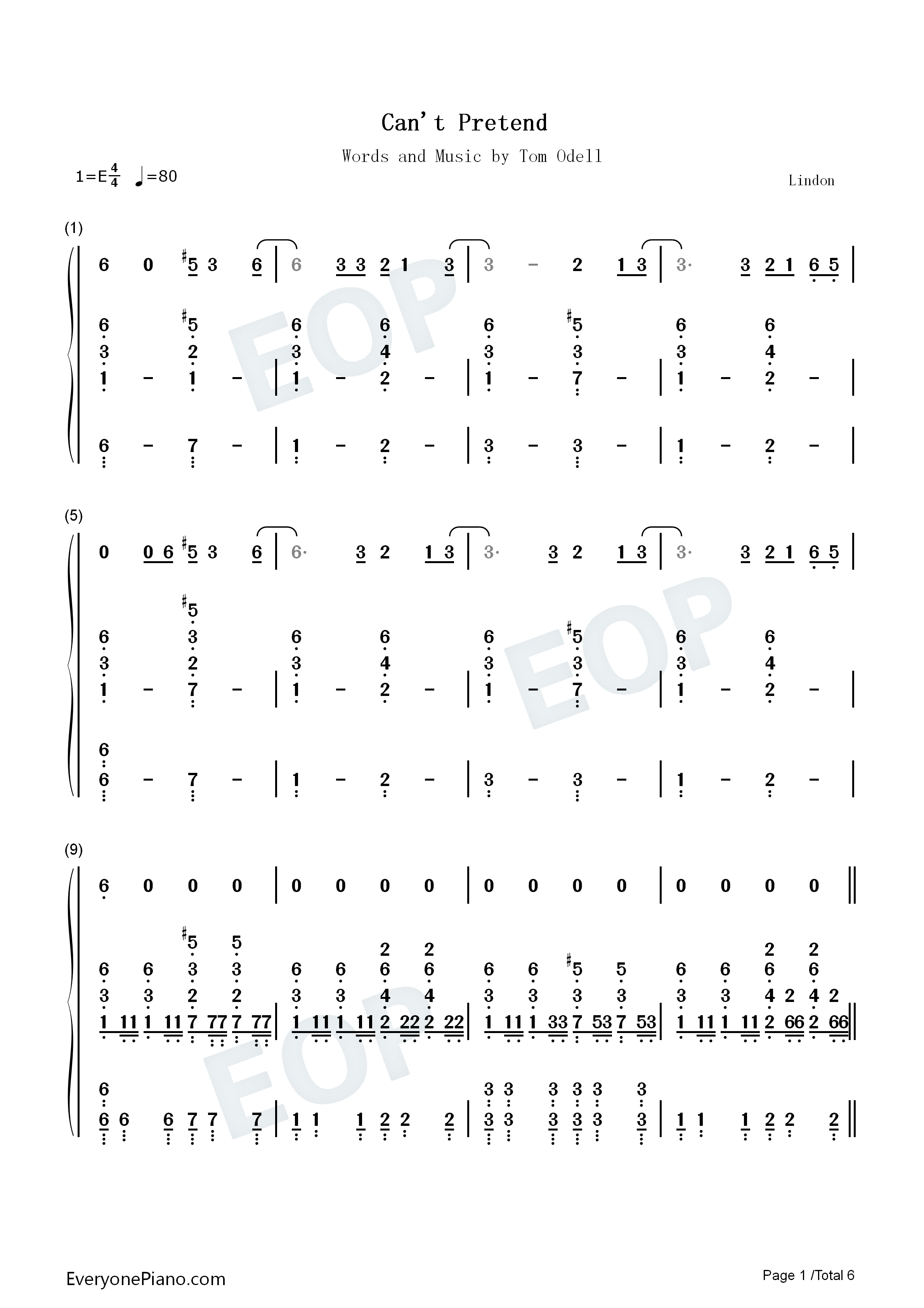 Can't_Pretend钢琴简谱_Tom_Odell演唱