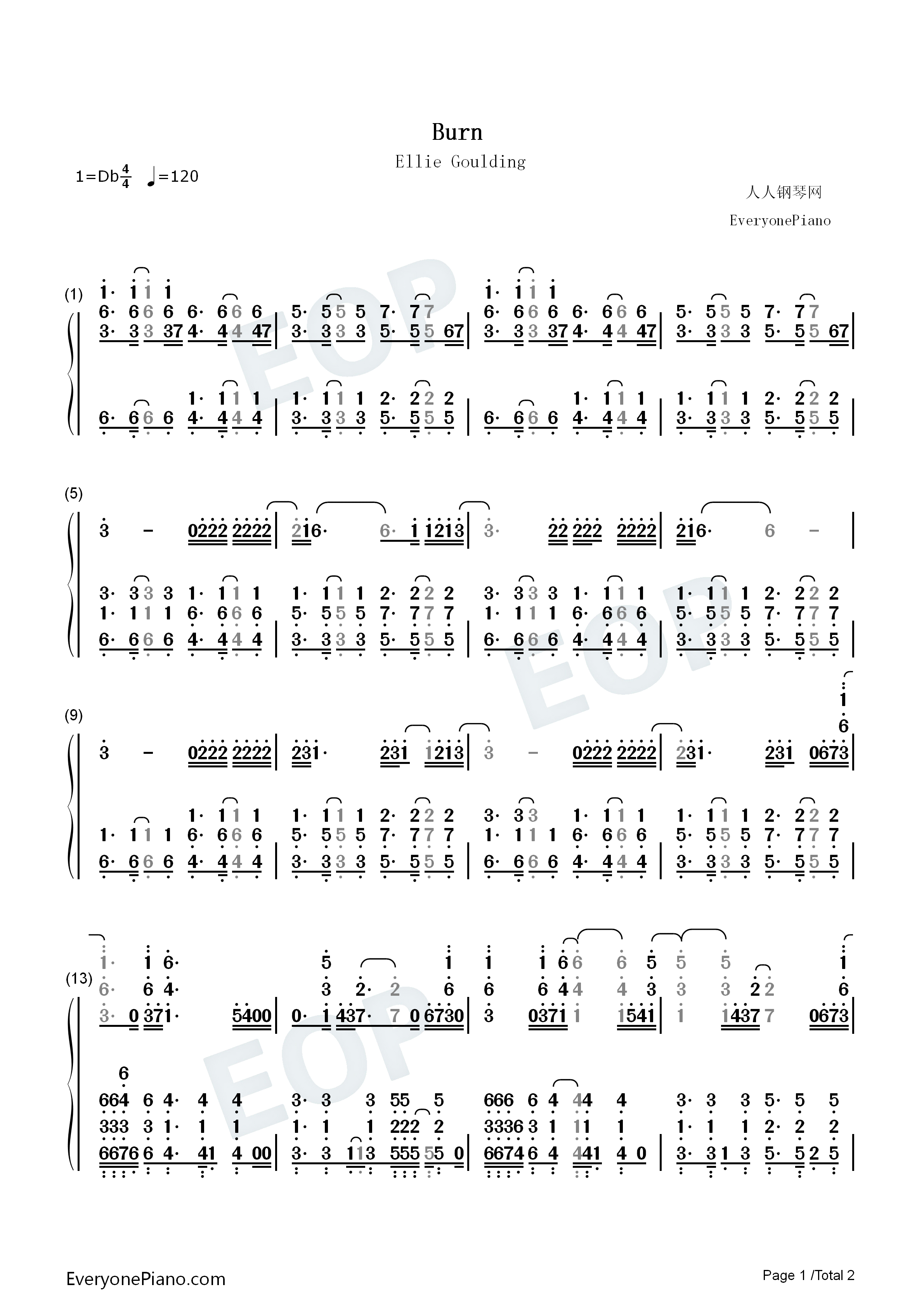 Burn钢琴简谱_Ellie_Goulding演唱