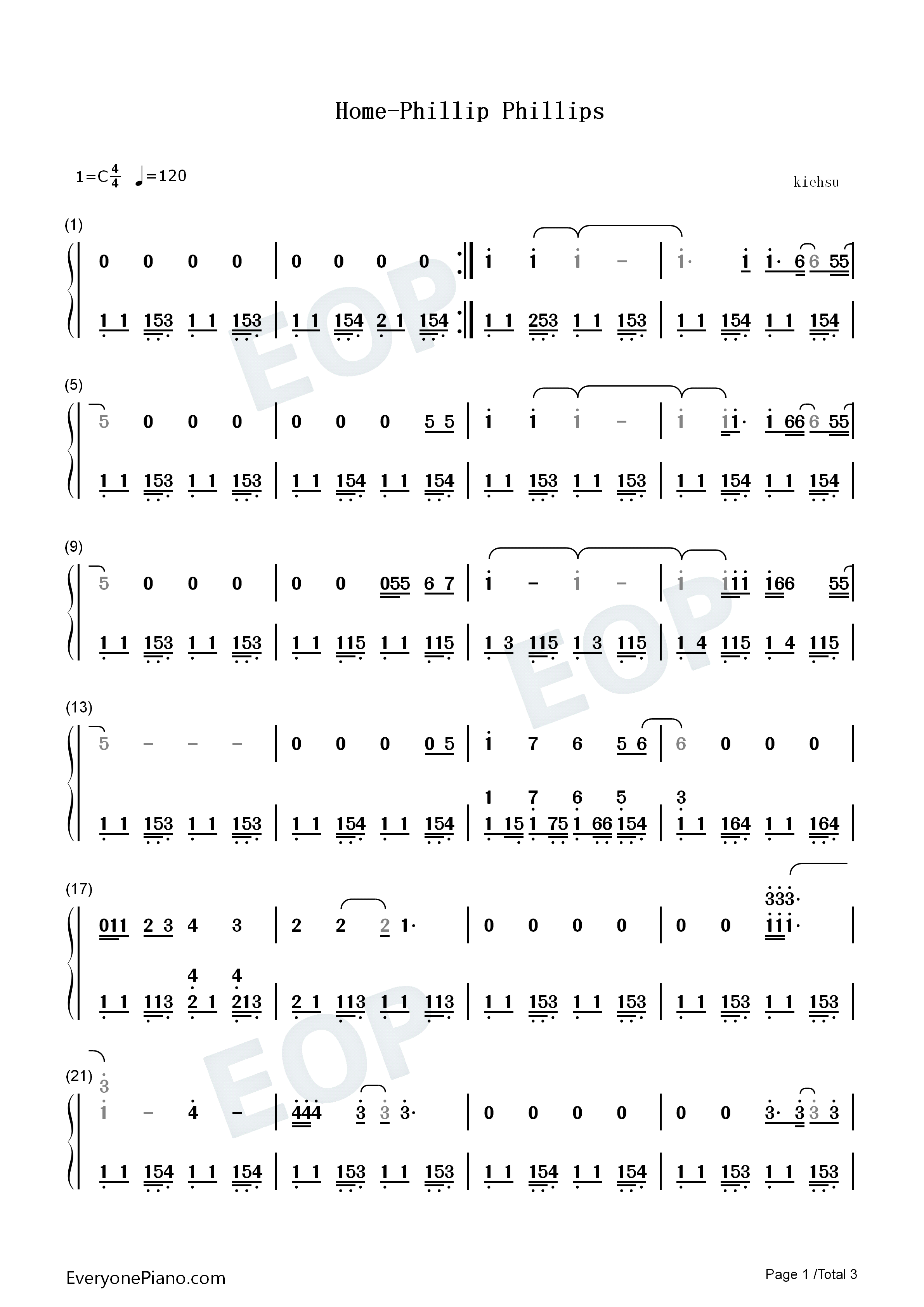 Home钢琴简谱_Phillip_Phillips演唱