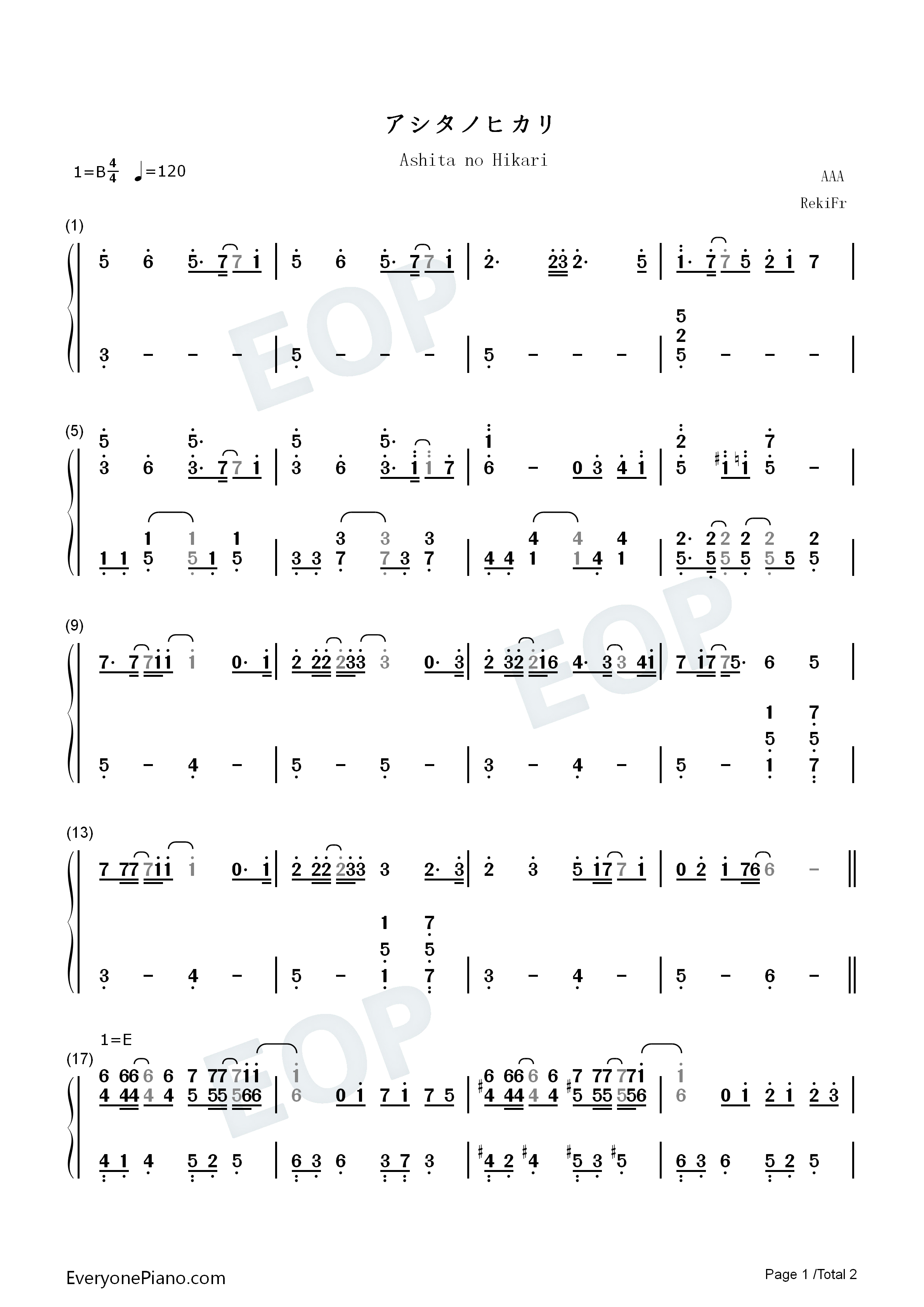 アシタノヒカリ钢琴简谱_AAA演唱