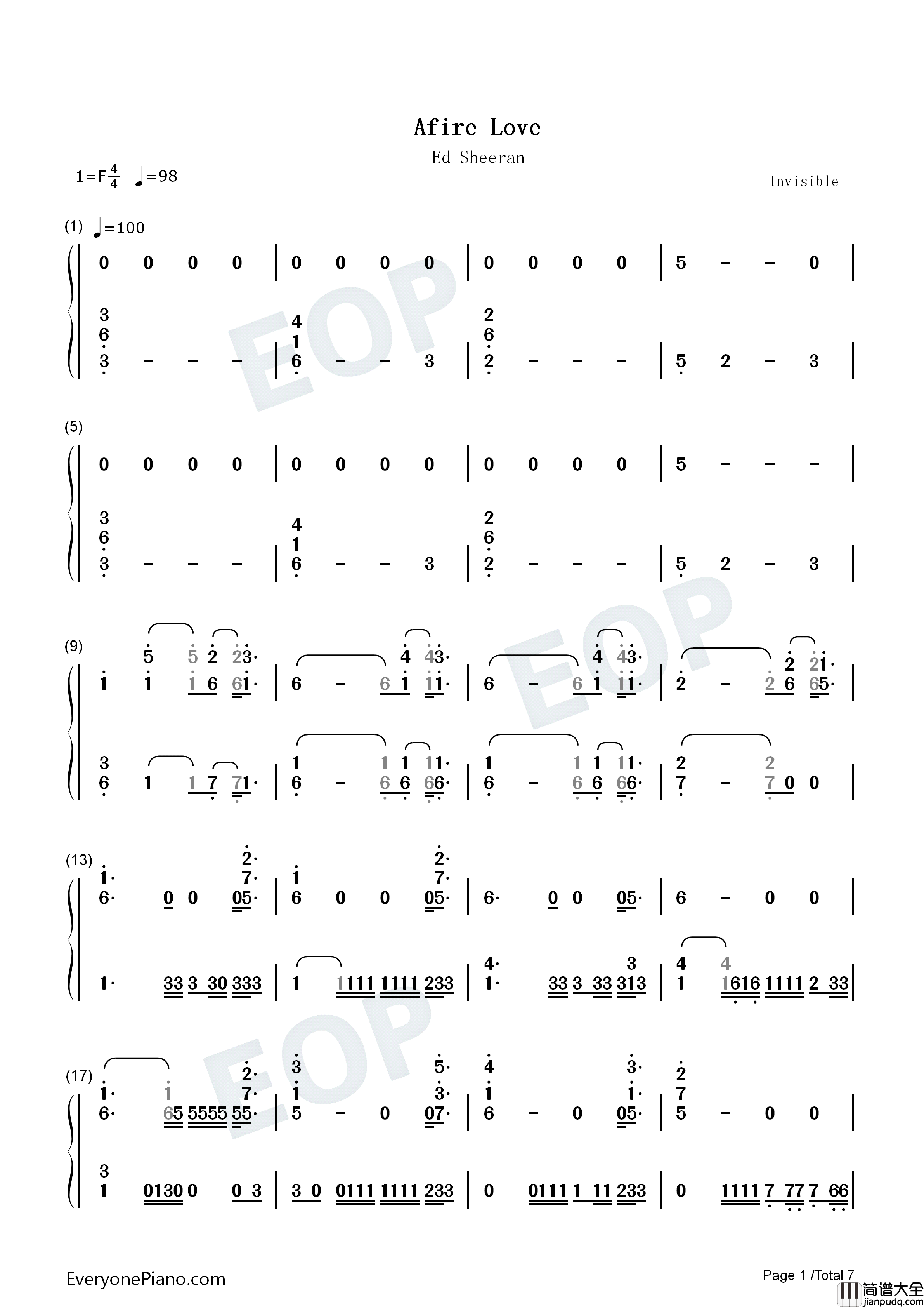 Afire_Love钢琴简谱_Ed_Sheeran演唱