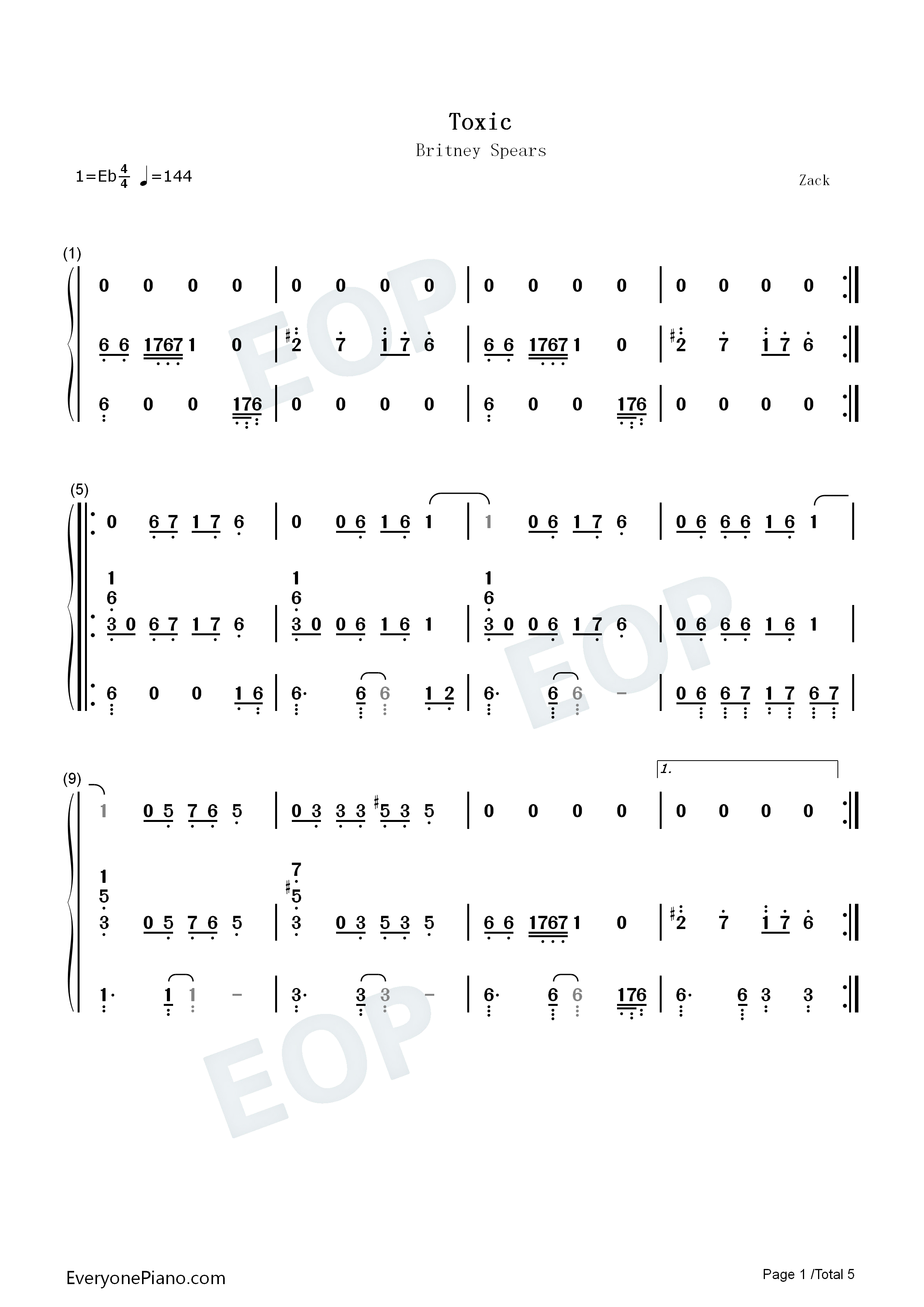 Toxic钢琴简谱_Britney_Spears演唱