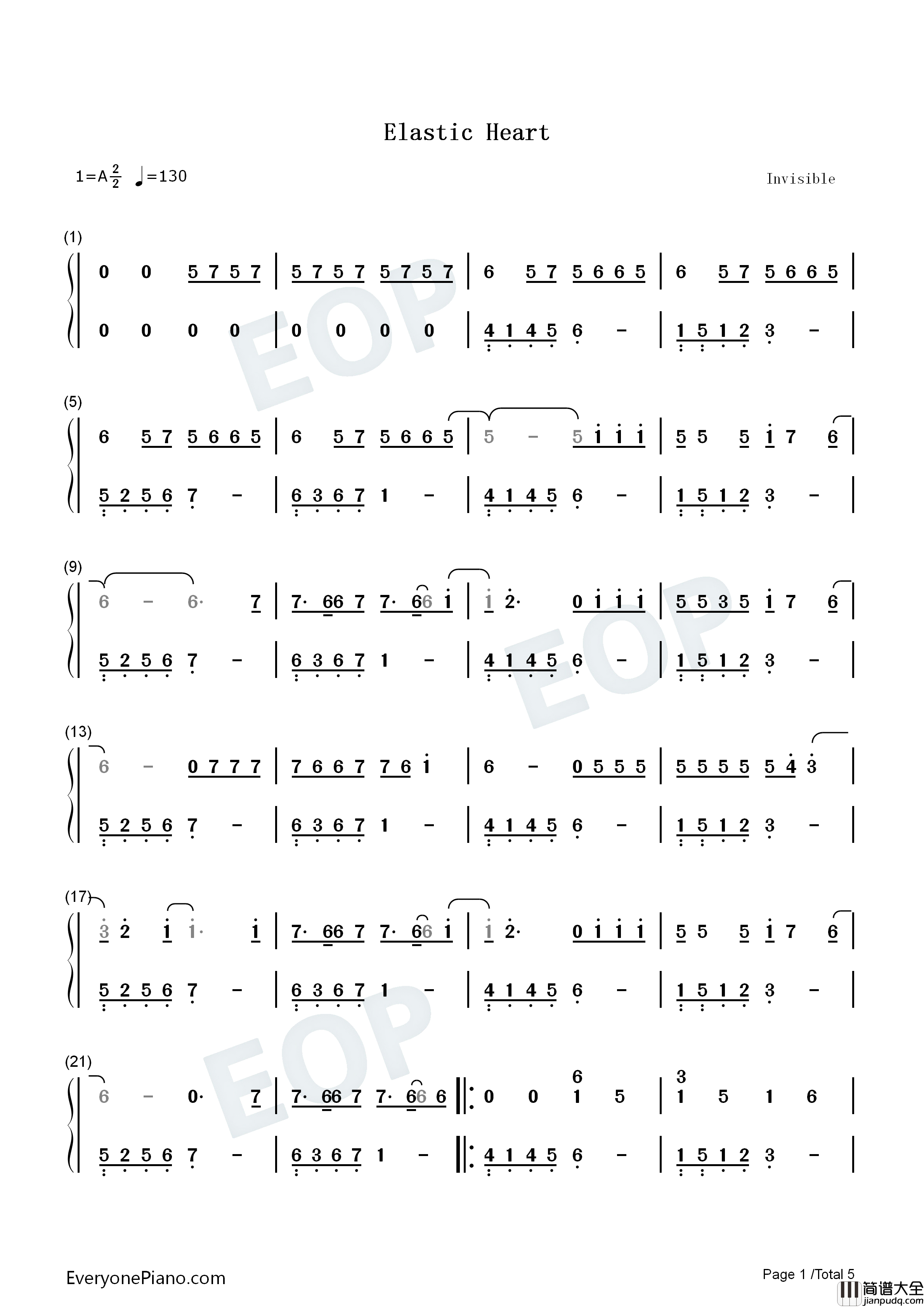 Elastic_Heart钢琴简谱_Sia_&_The_Weeknd_&_Diplo演唱