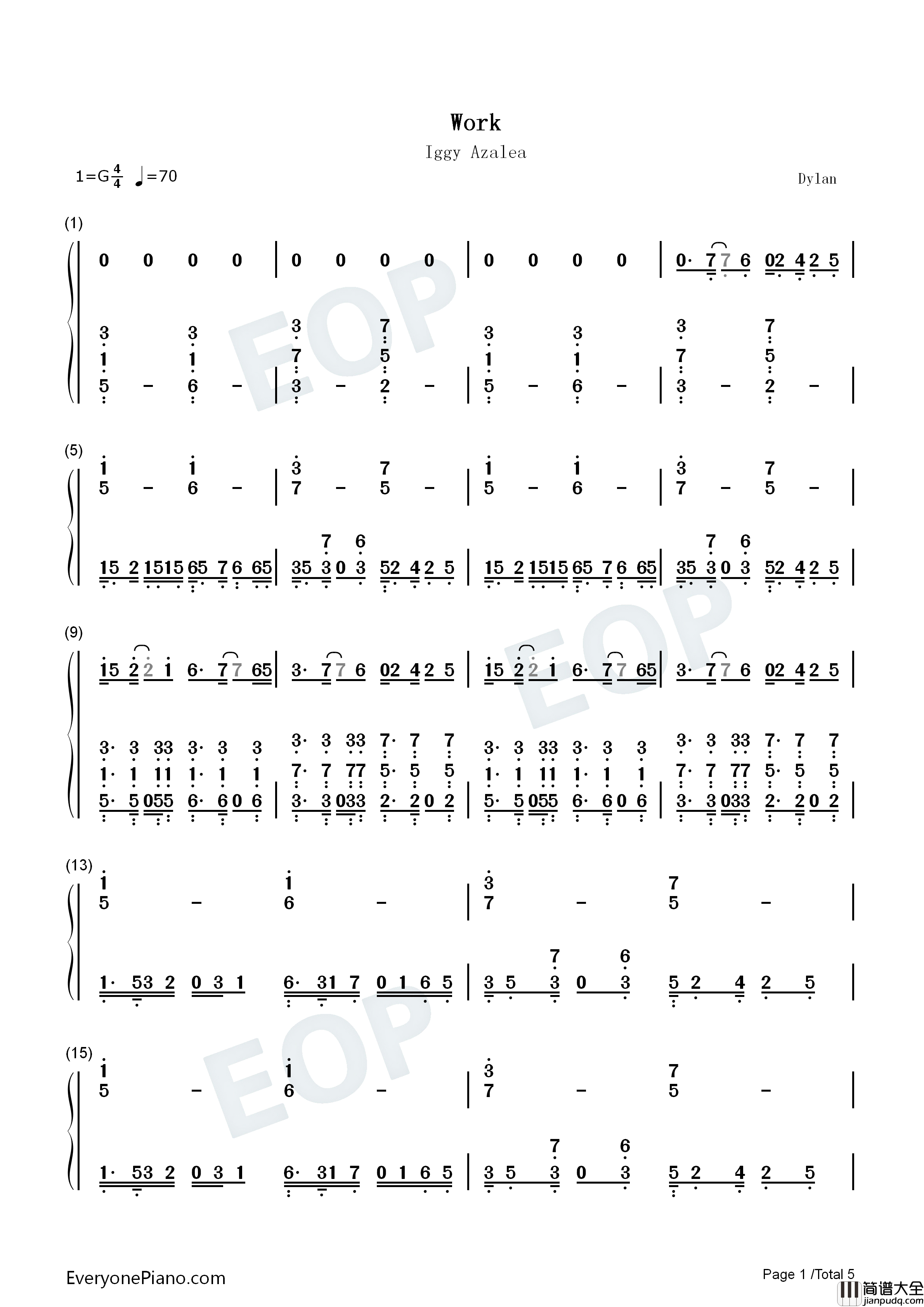 Work钢琴简谱_Iggy_Azalea演唱