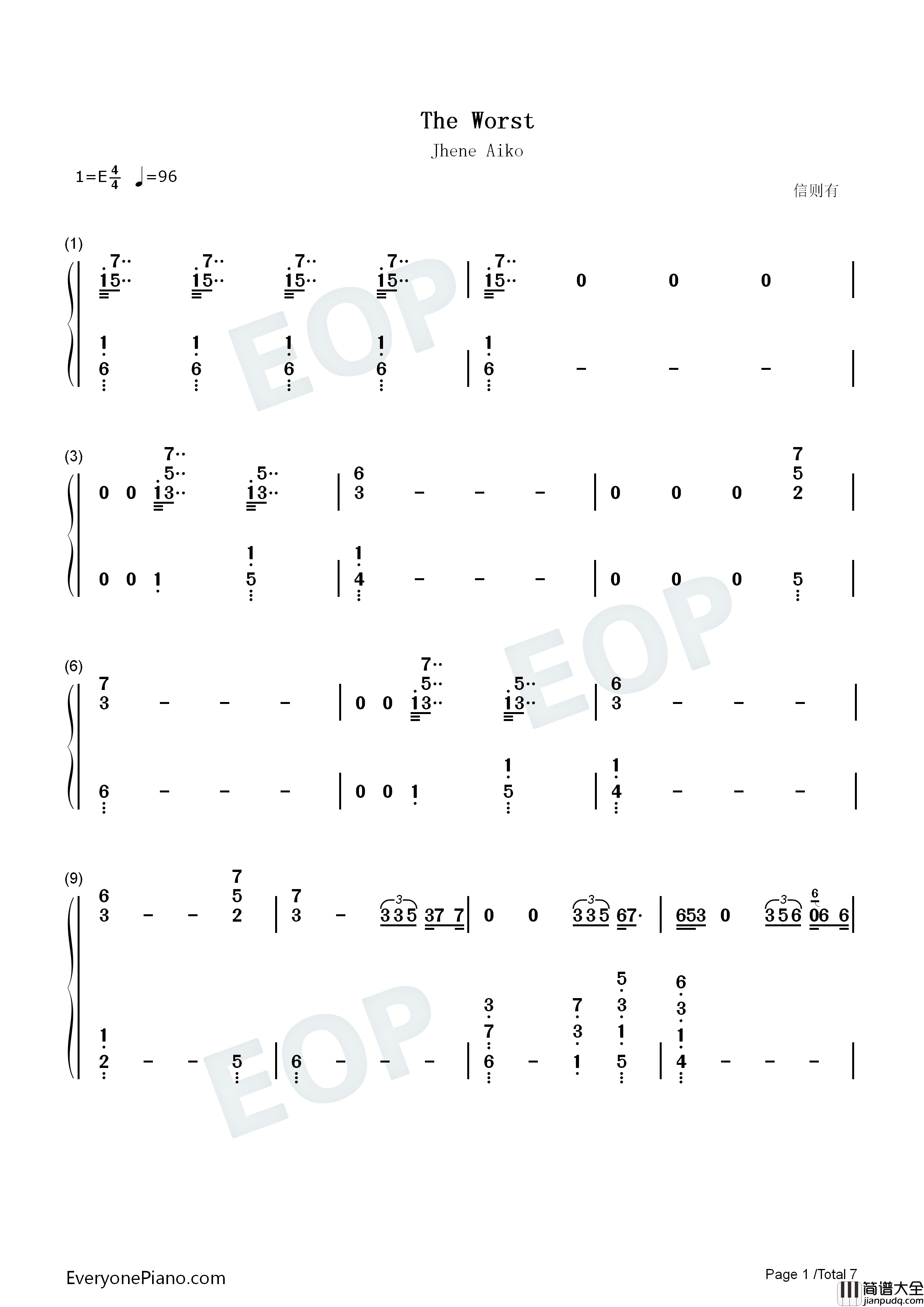 The_Worst钢琴简谱_Jhené_Aiko演唱