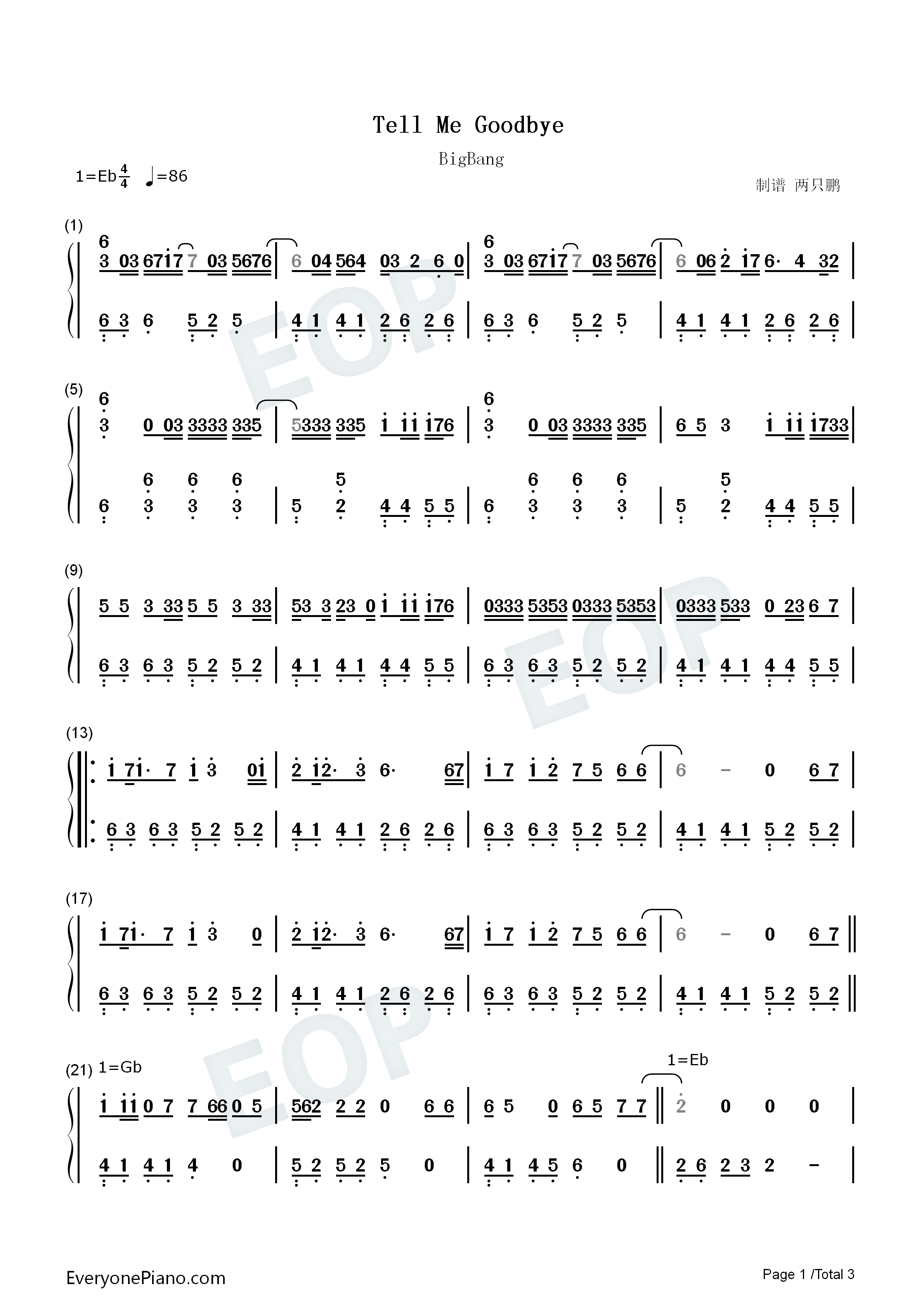 Tell_Me_Goodbye钢琴简谱_BIGBAN演唱