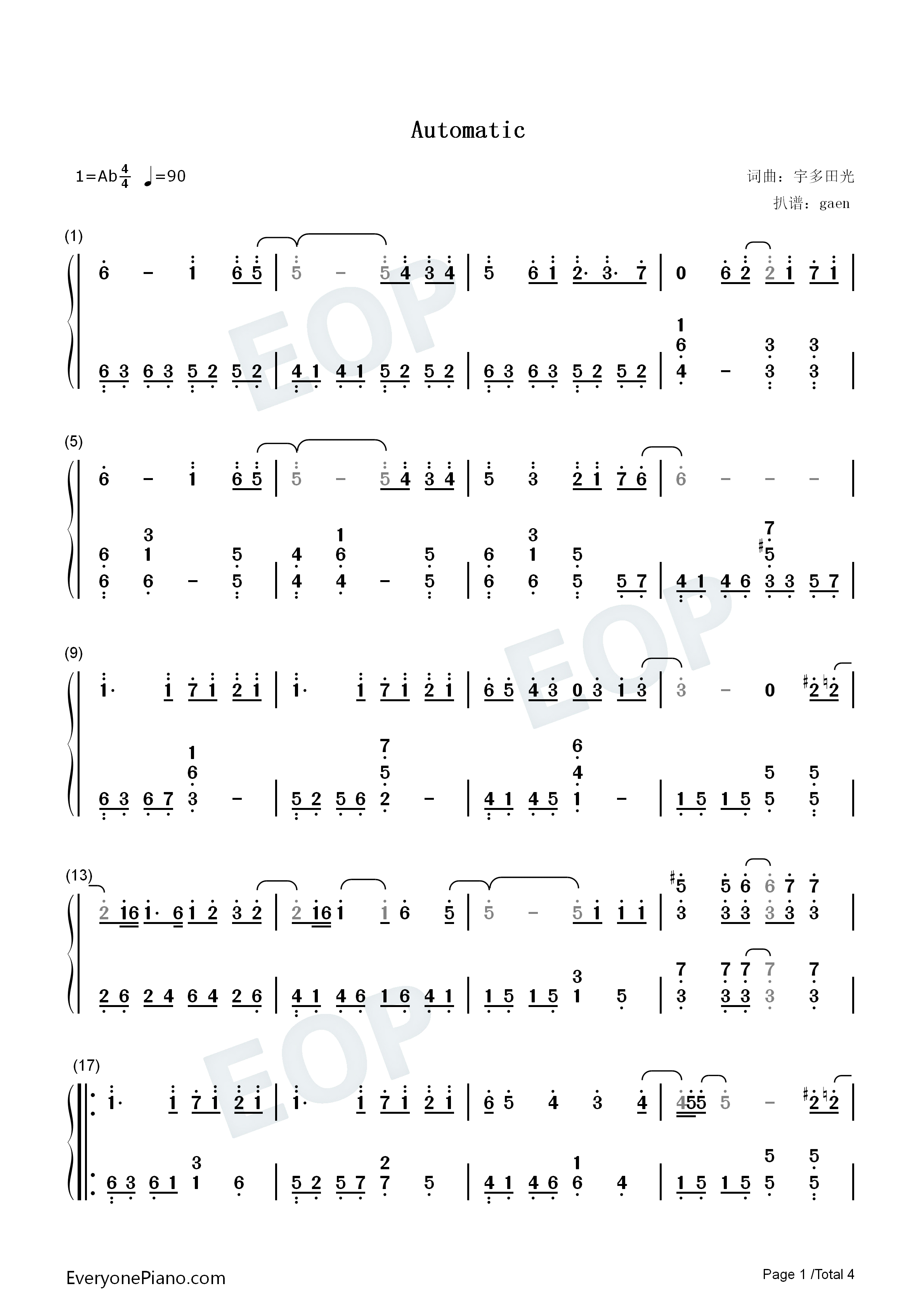 Automatic钢琴简谱_宇多田光演唱