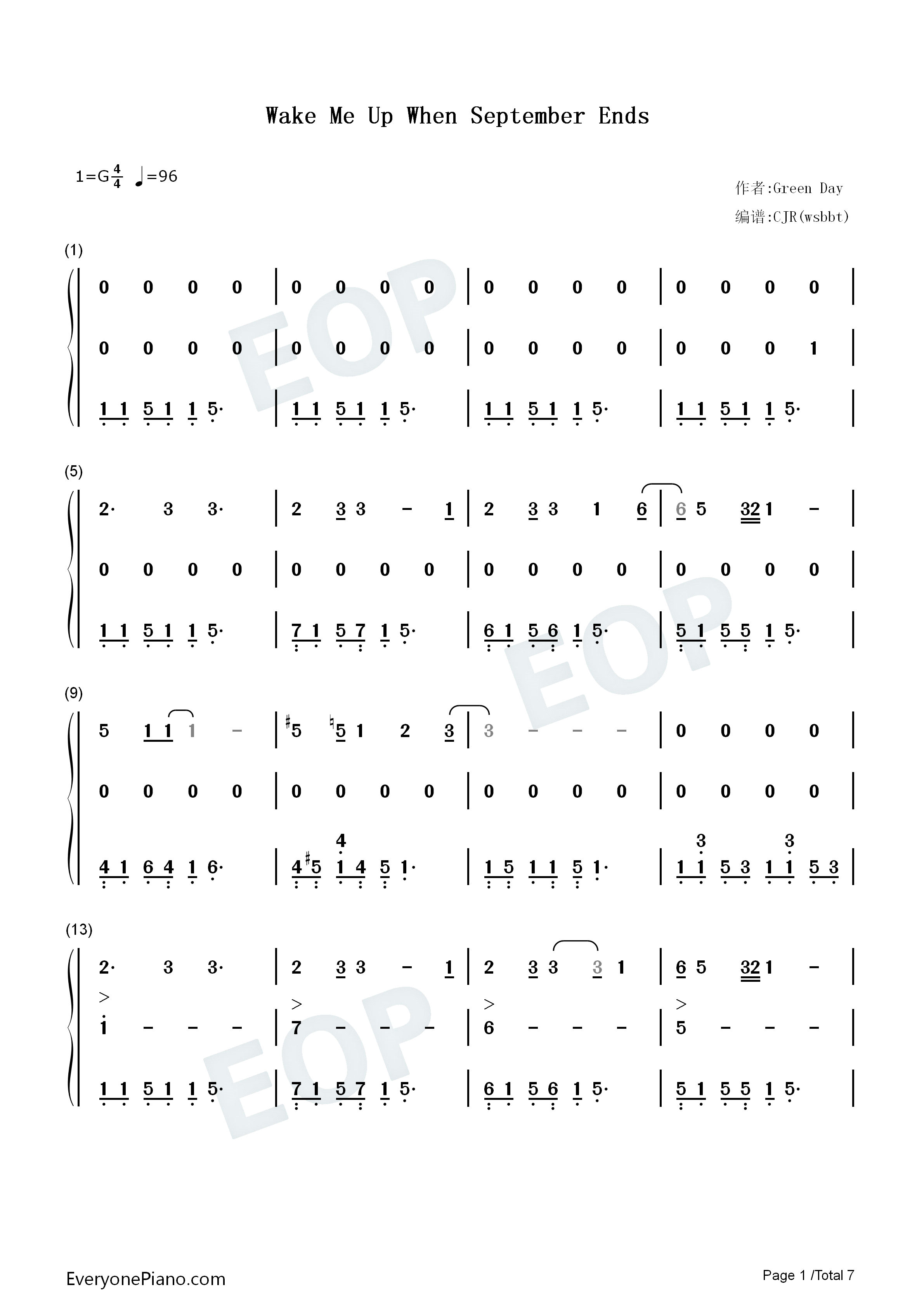 Wake_Me_Up_When_September_Ends钢琴简谱_Green_Day（绿日乐队）演唱