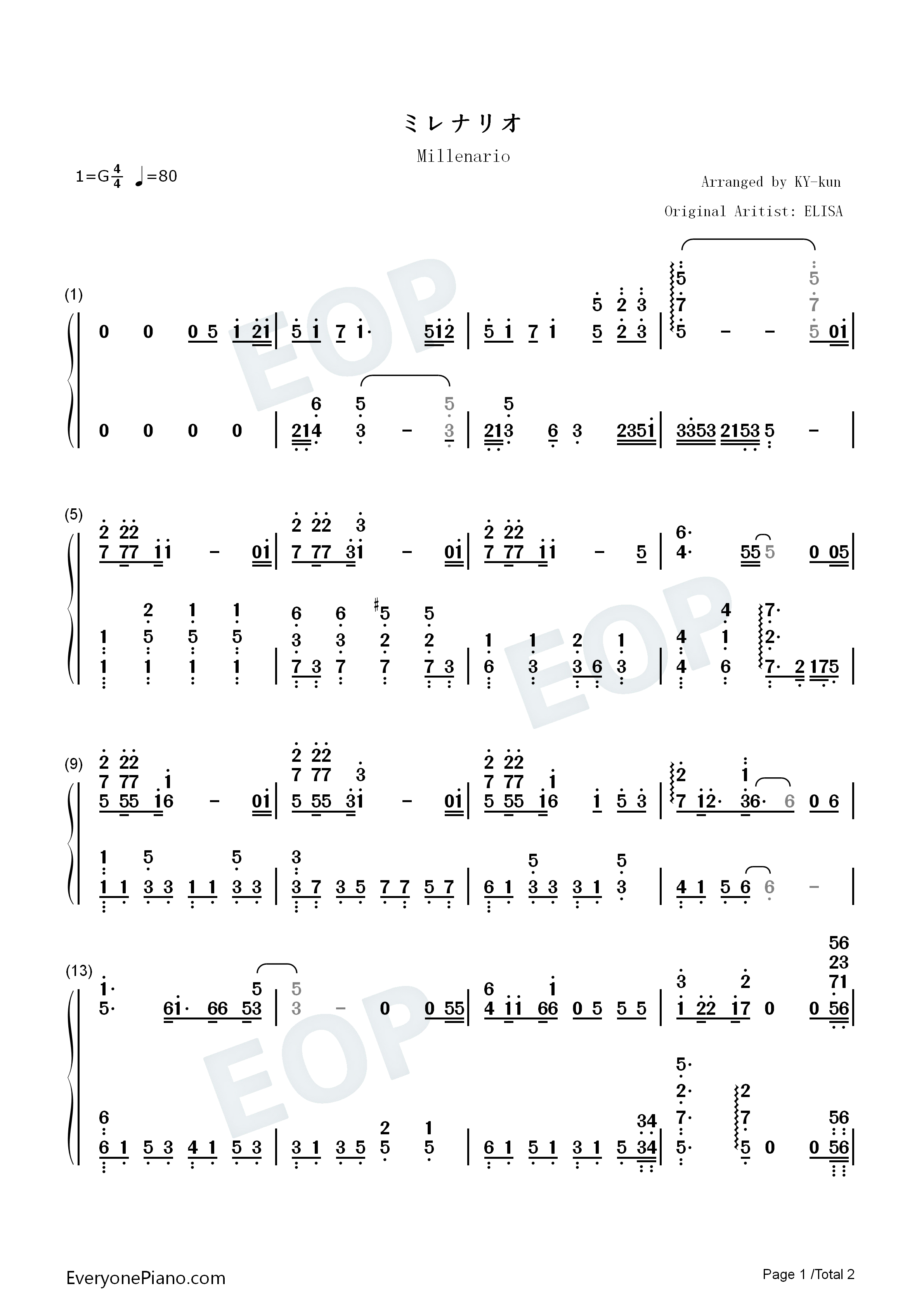 ミレナリオ钢琴简谱_ELISA演唱