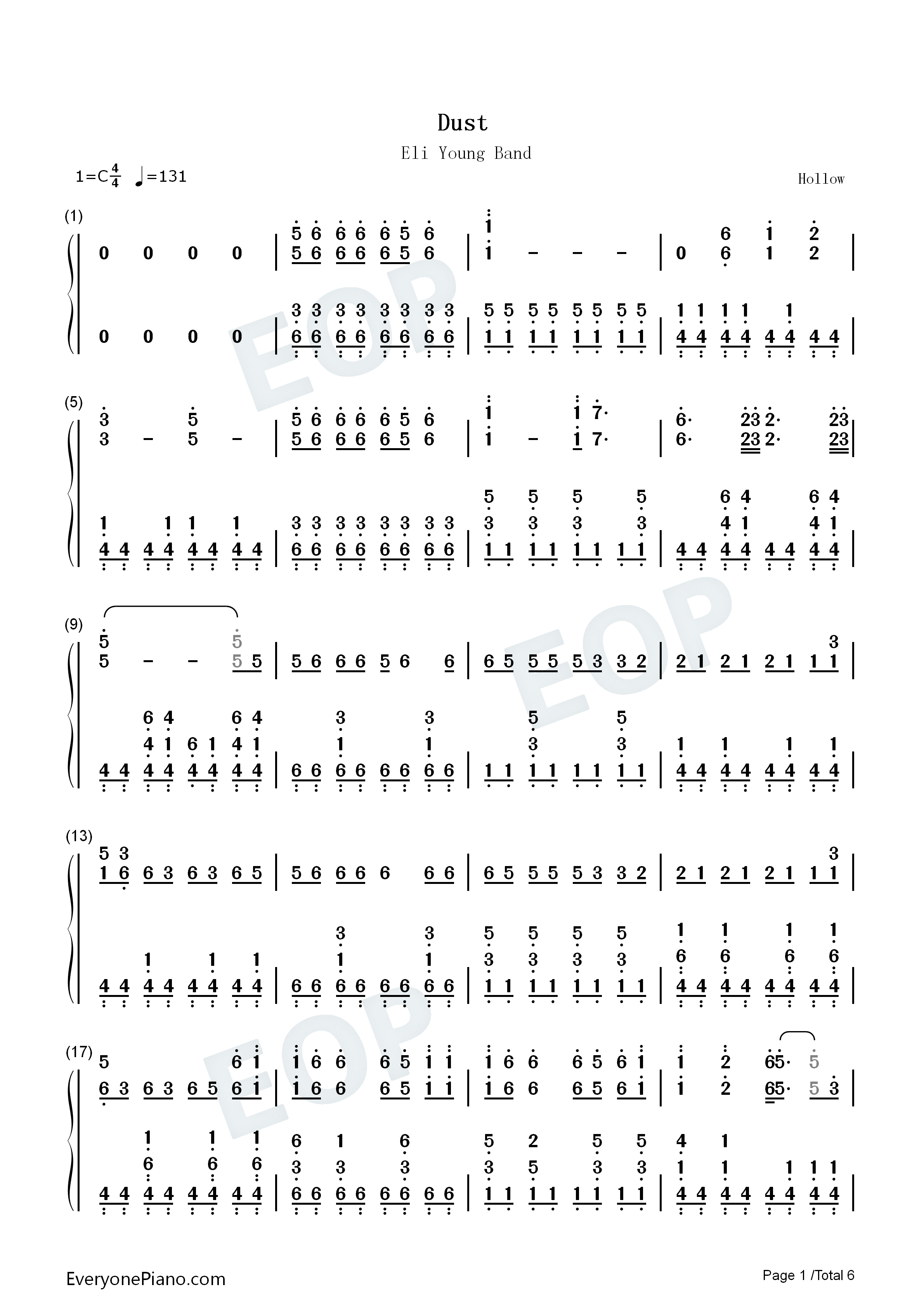 Dust钢琴简谱_Eli_Young_Band演唱