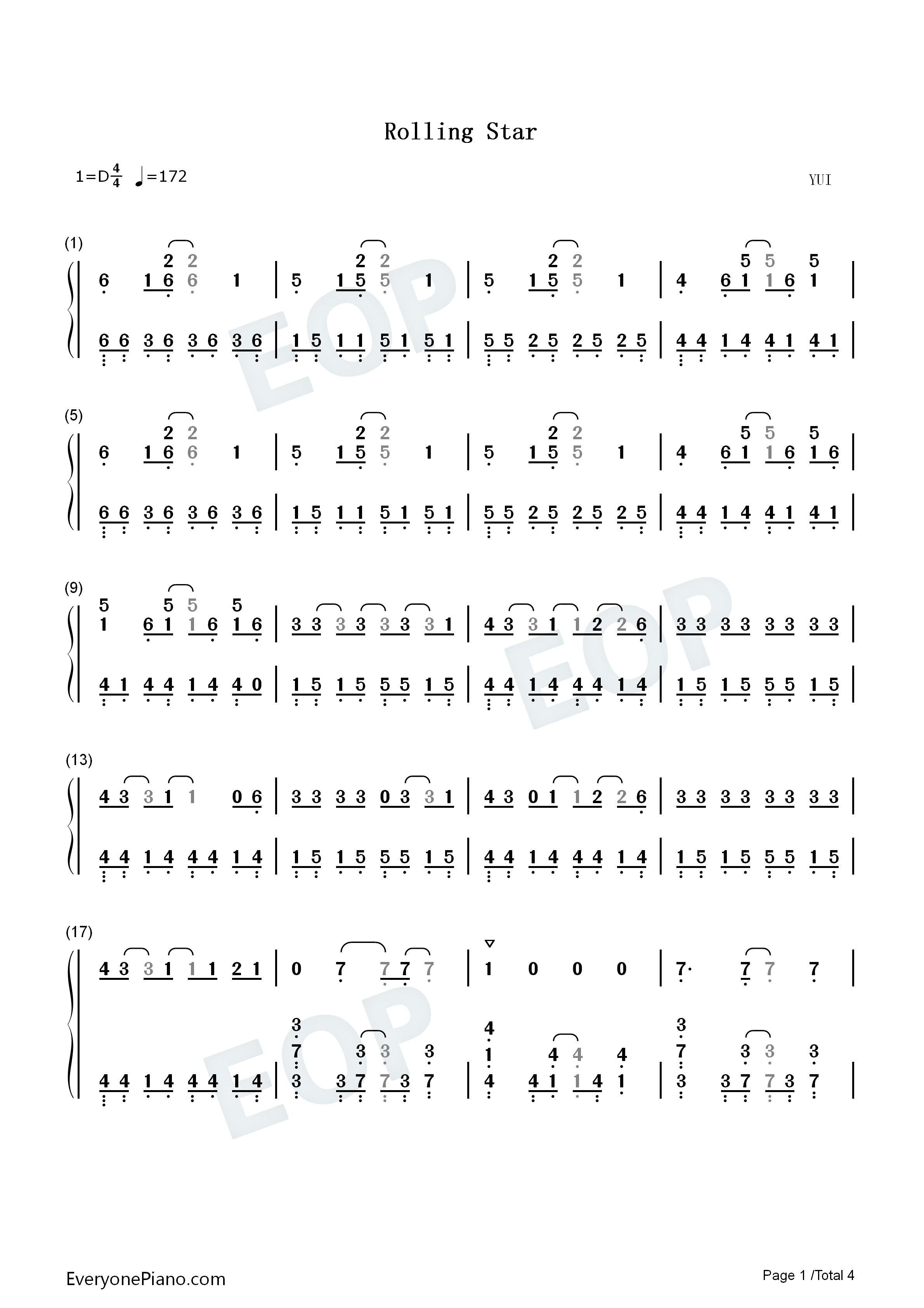 Rolling_Star钢琴简谱_YUI演唱