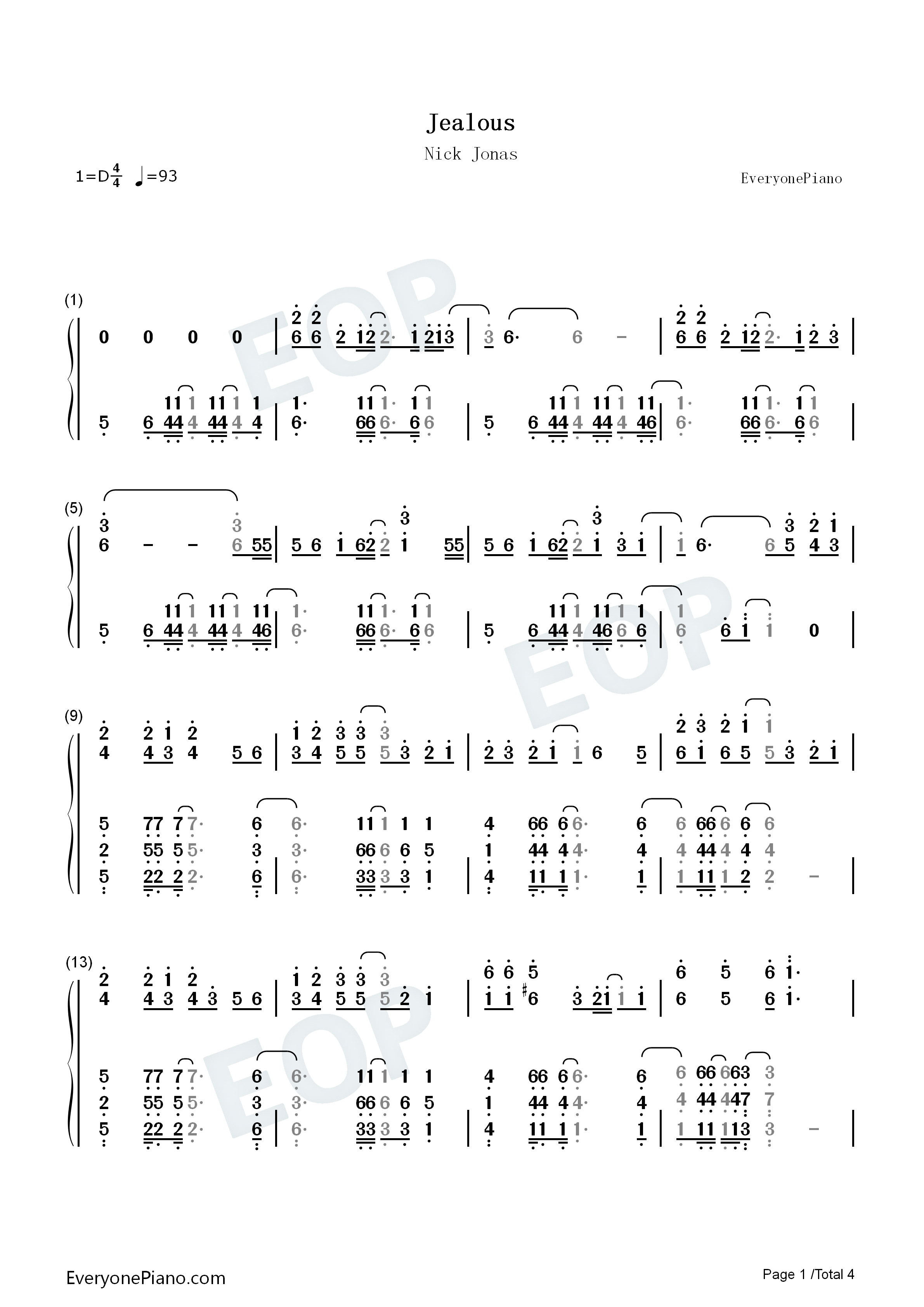 Jealous钢琴简谱_Nick_Jonas演唱